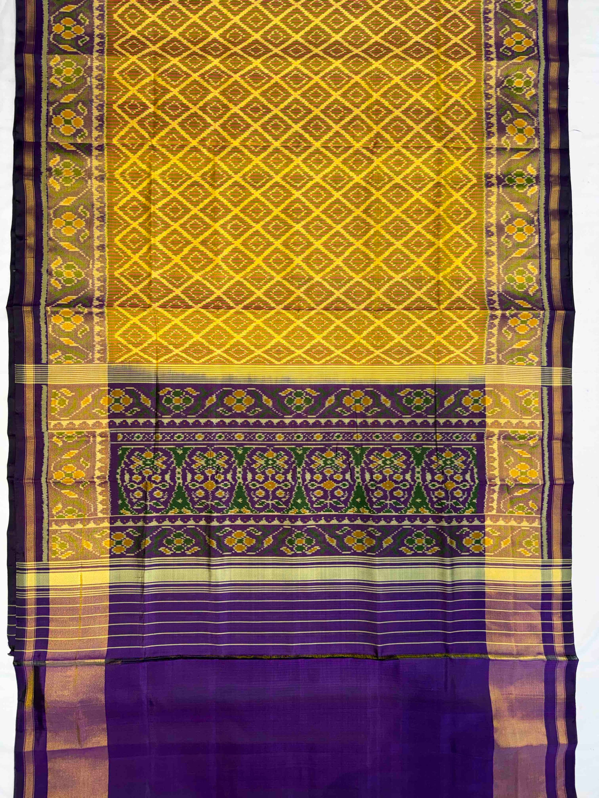 Yellow with Jambli Square Line Design Hand Woven Rajkot  Patola Silk Saree