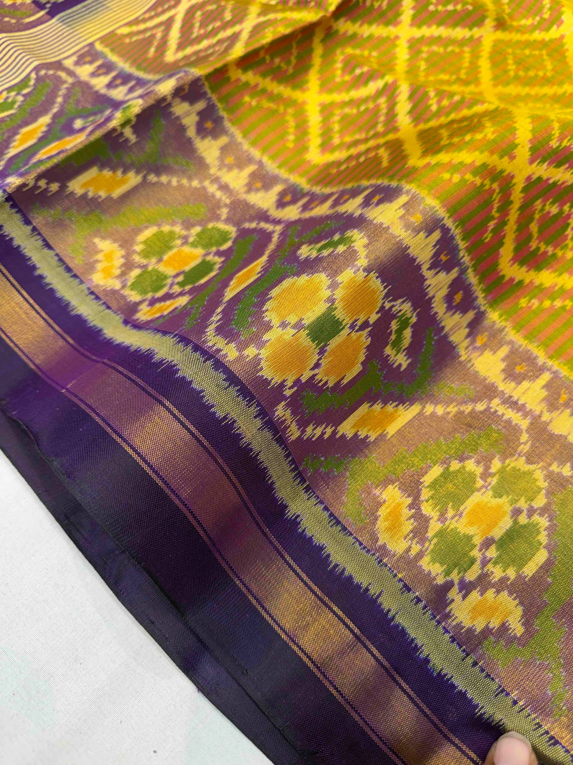 Yellow with Jambli Square Line Design Hand Woven Rajkot  Patola Silk Saree