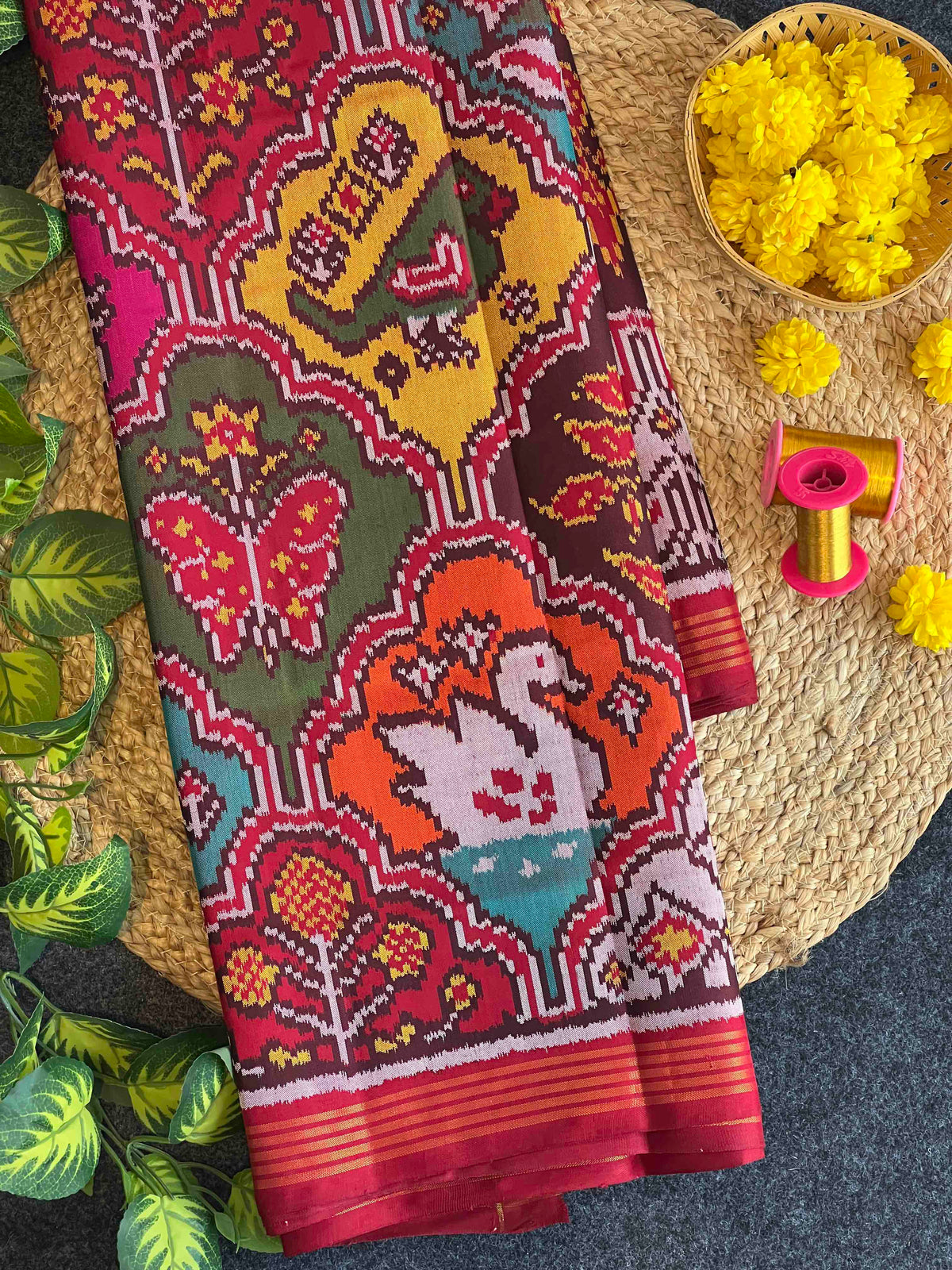Multi Color Big Motifs Design Hand Woven Ikat Patola Silk Saree