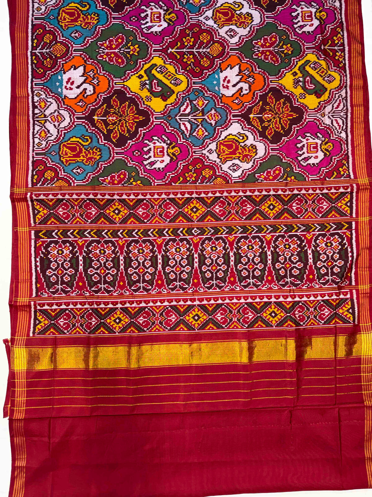 Multi Color Big Motifs Design Hand Woven Ikat Patola Silk Saree