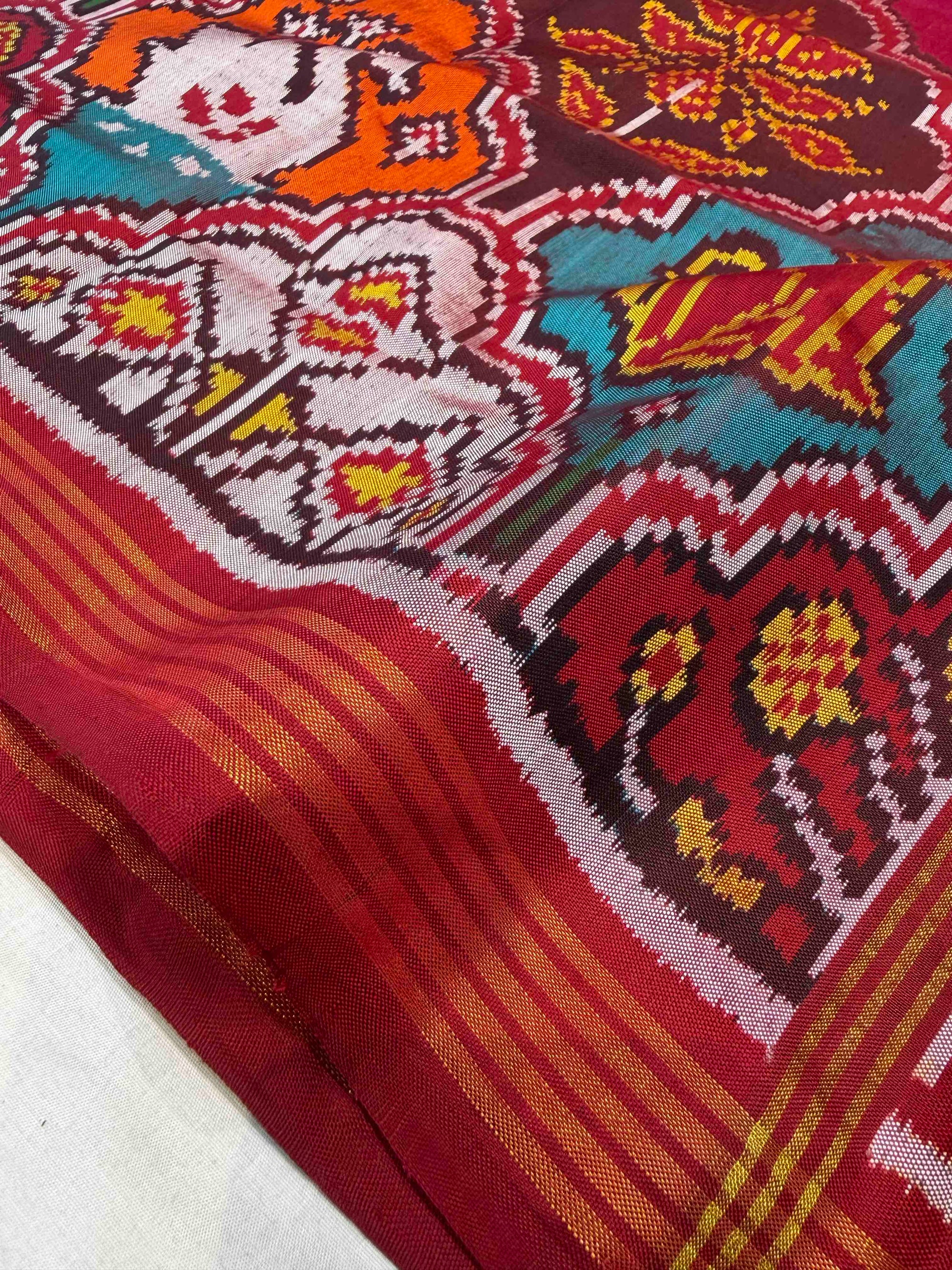 Multi Color Big Motifs Design Hand Woven Ikat Patola Silk Saree