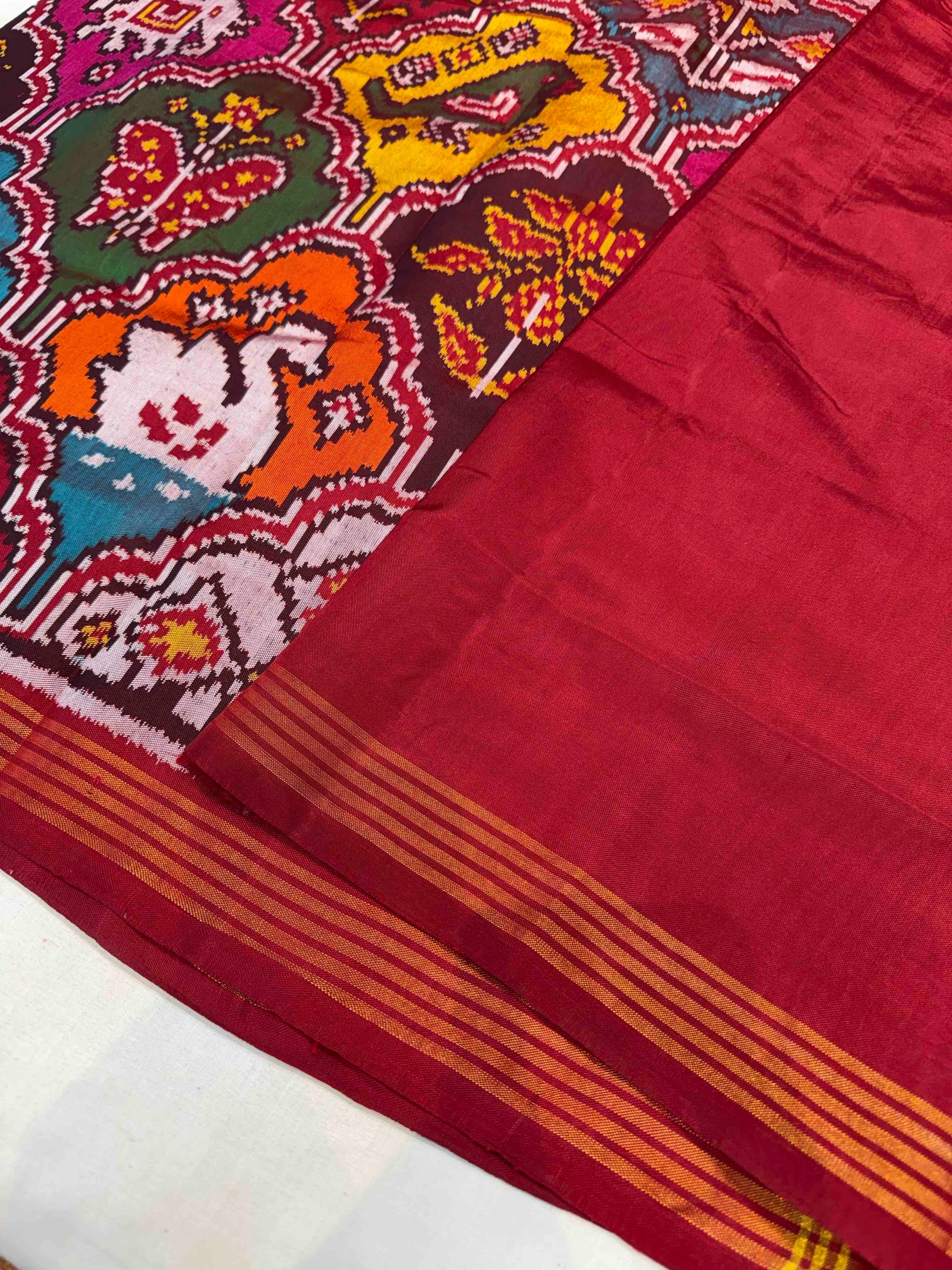 Multi Color Big Motifs Design Hand Woven Ikat Patola Silk Saree