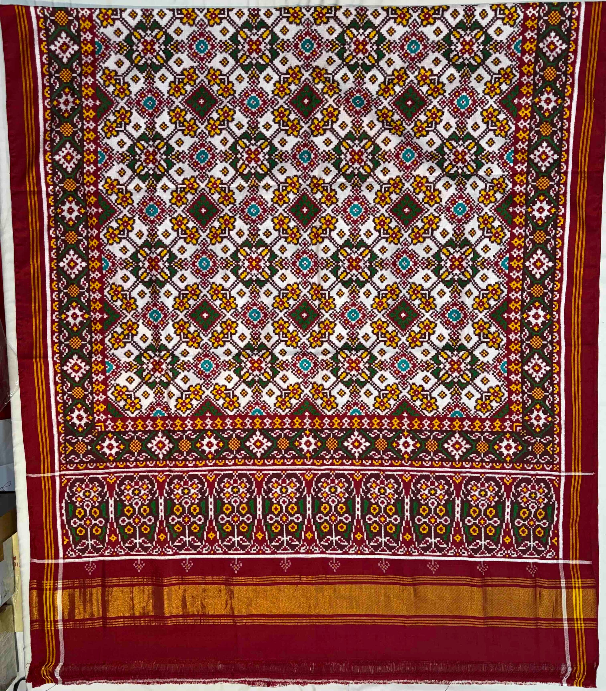 Handwoven Double Ikat Patola Silk Saree White Navratna