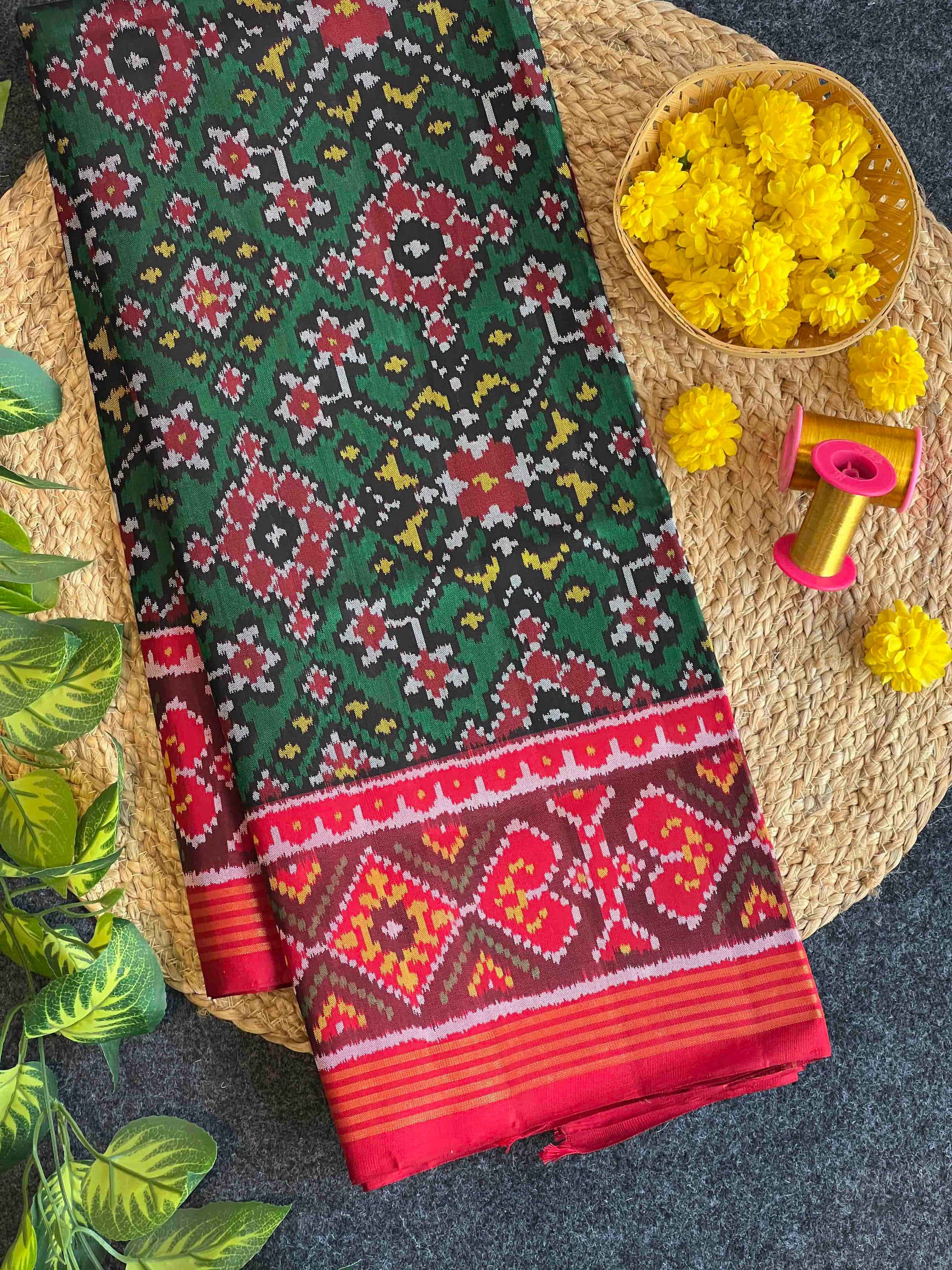 Green & Red Navratan Design Rajkot Ikat Patola Silk Saree