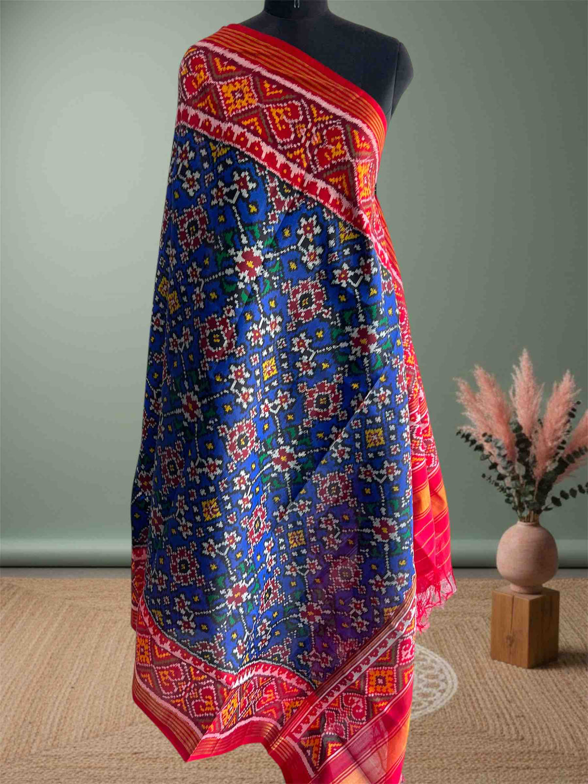 Blue & Red Navratan Design Hand Woven Rajkot ikat Patola Dupatta