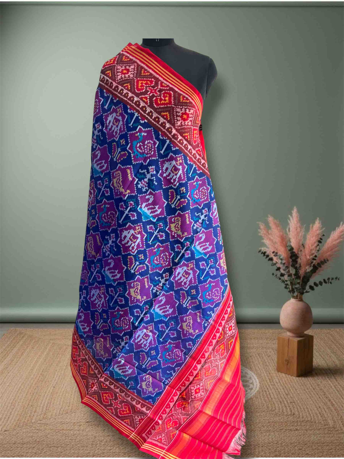 Blue With Red Star Narikunj Design Hand Woven Rajkot ikat Patola Dupatta