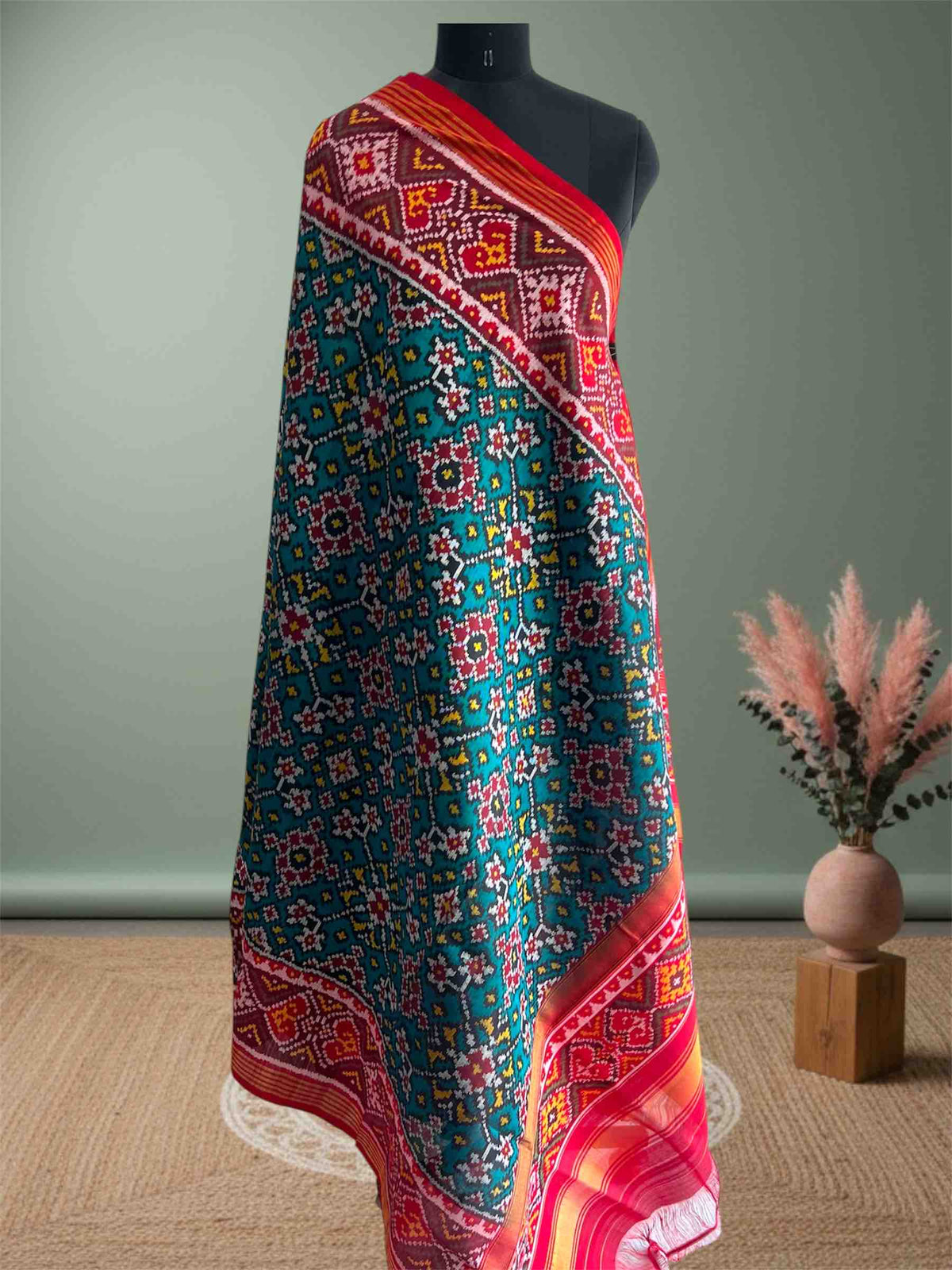 Sea Green & Red Navratan Design Hand Woven Rajkot ikat Patola Dupatta