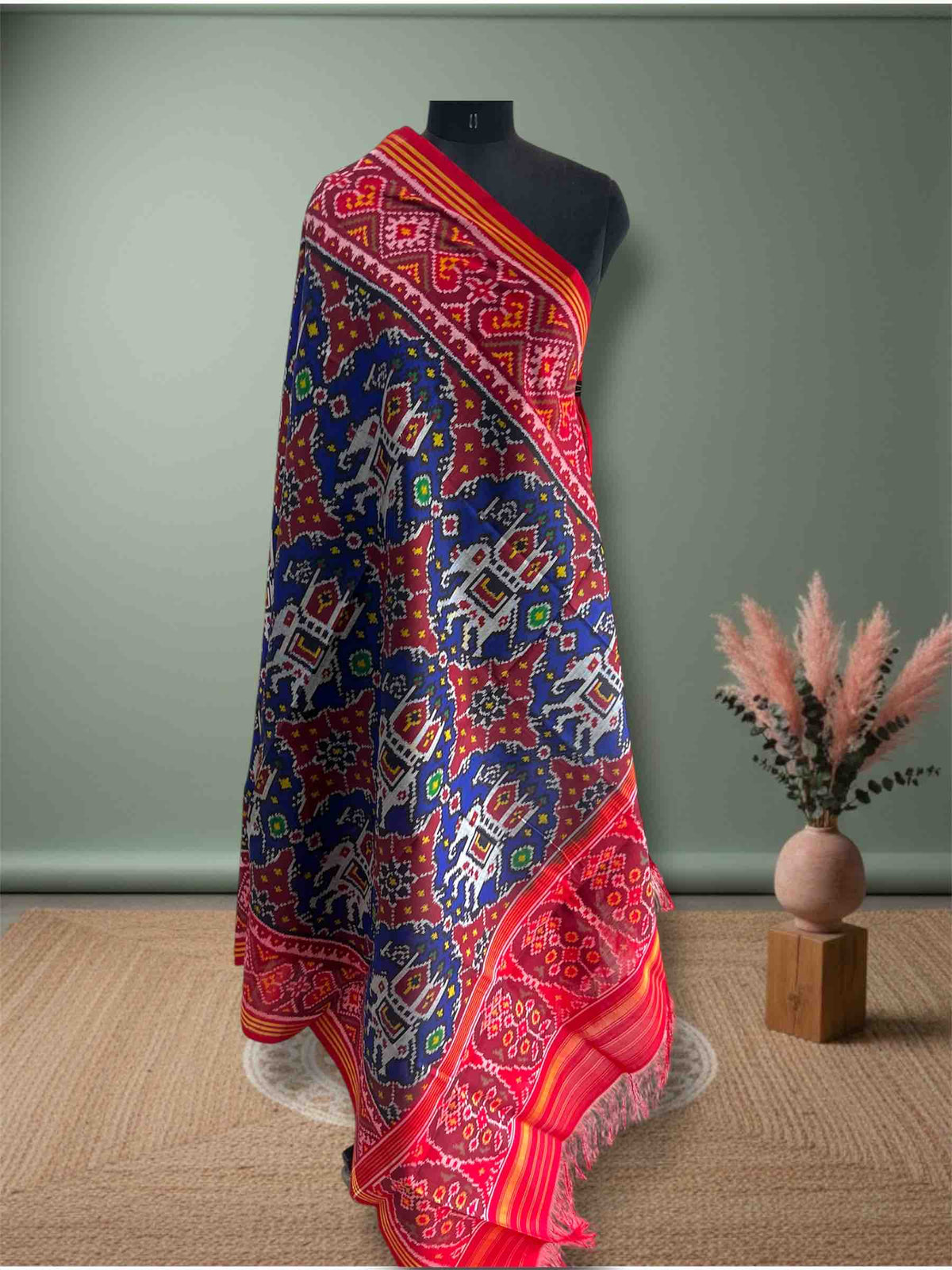 Blue With Red Chabdi Elephent Design Hand Woven Rajkot ikat Patola Dupatta