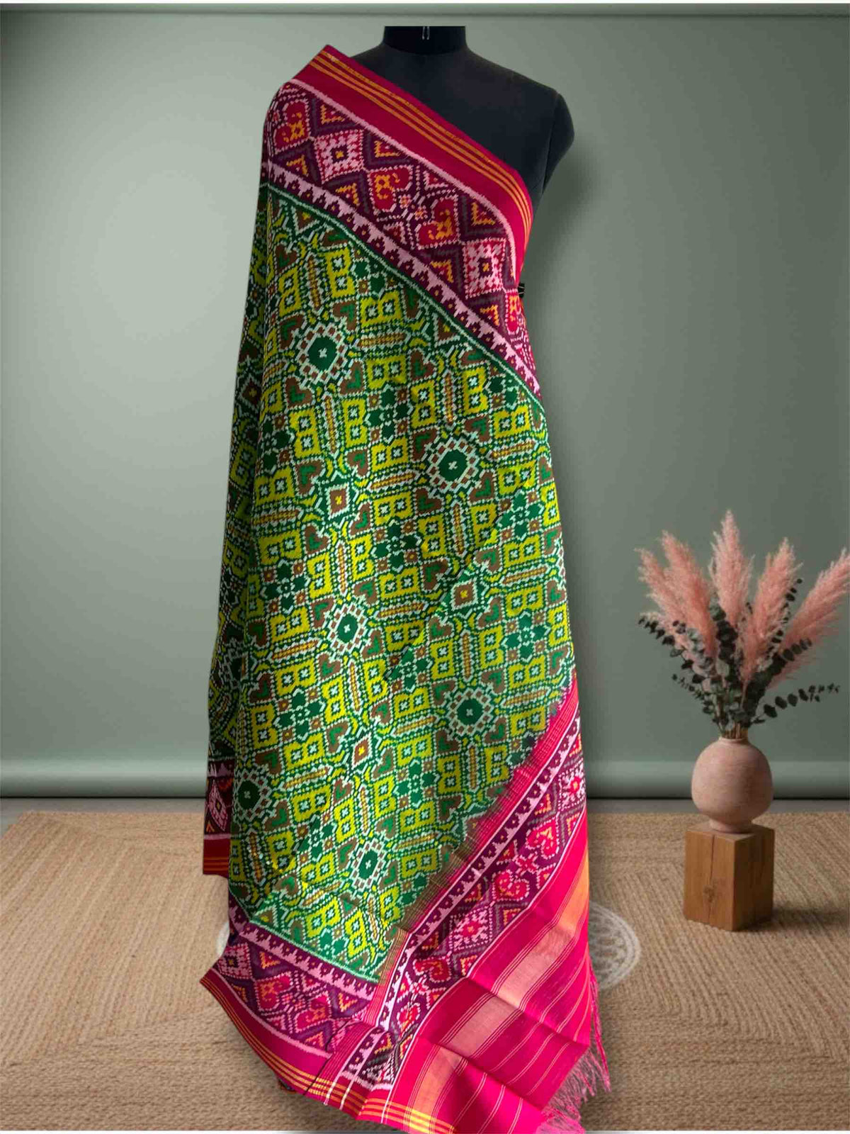 Yellow With Pink Manekchok Design Hand Woven Rajkot ikat Patola Dupatta