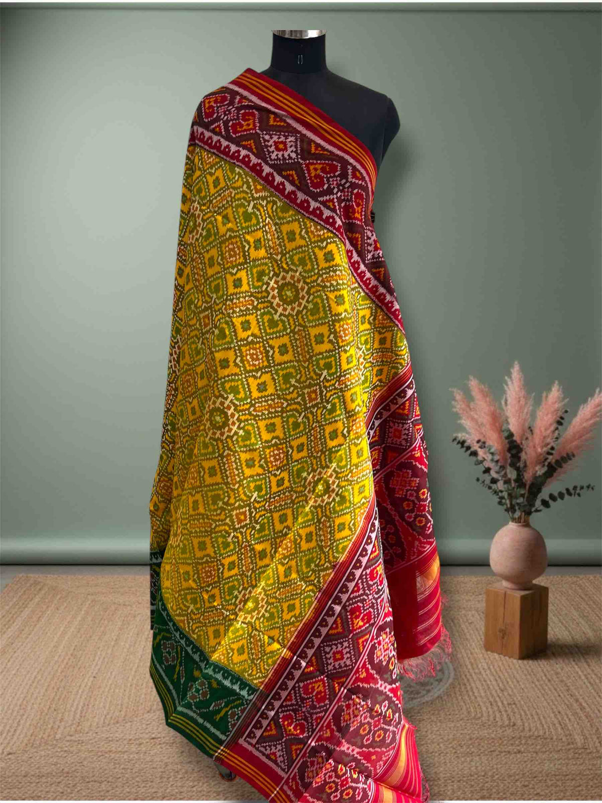 Yellow With Red & Green Border Hand Woven Rajkot ikat Patola Dupatta