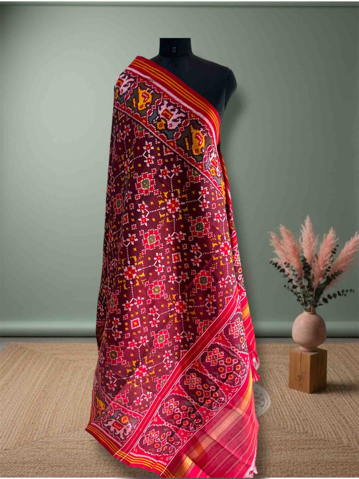 Coffe With Narikunj Border Navratan Design Hand Woven Rajkot ikat Patola Dupatta