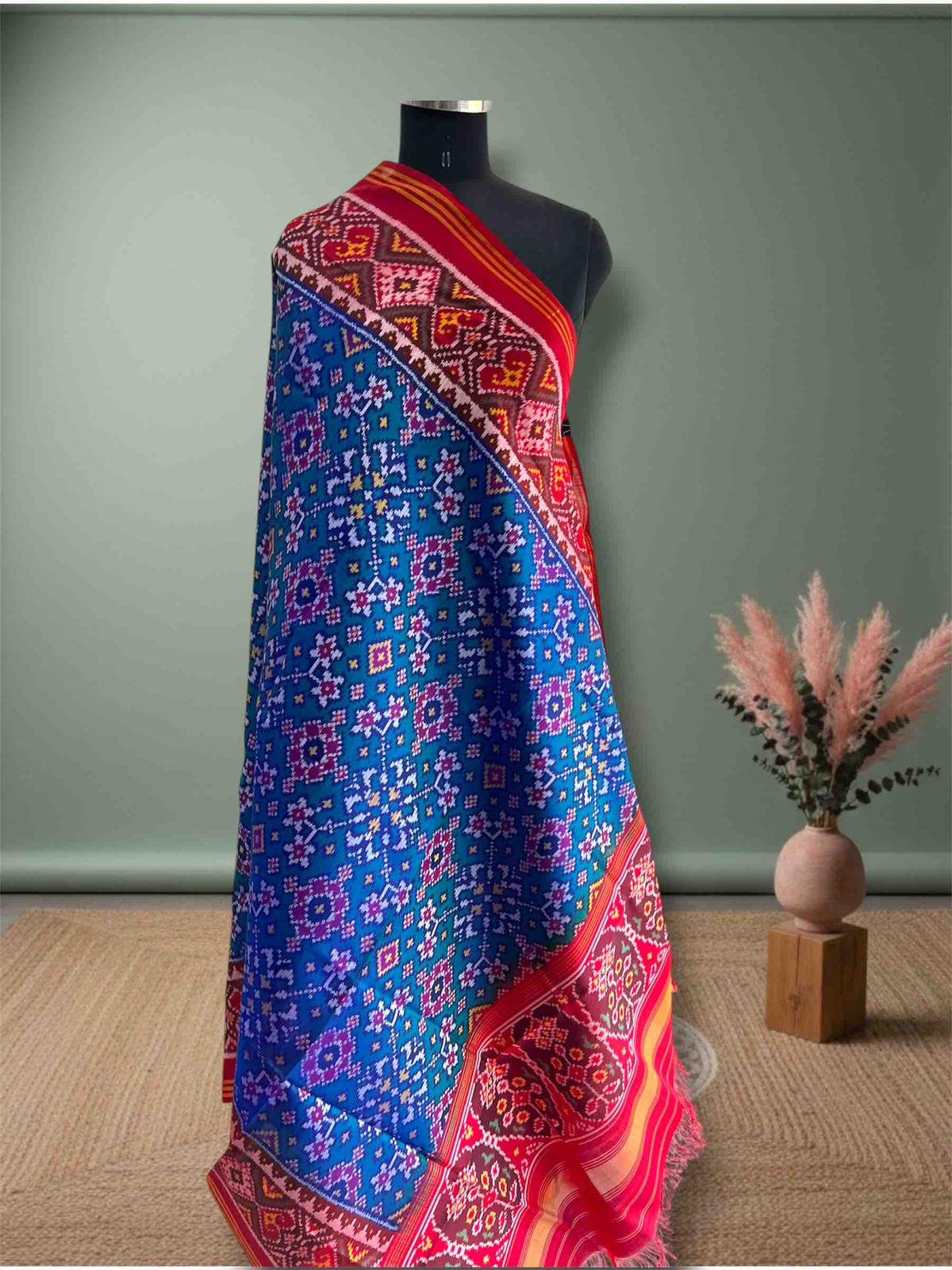 Sea Green With Red Navratan Design Hand Woven Rajkot ikat Patola Dupatta