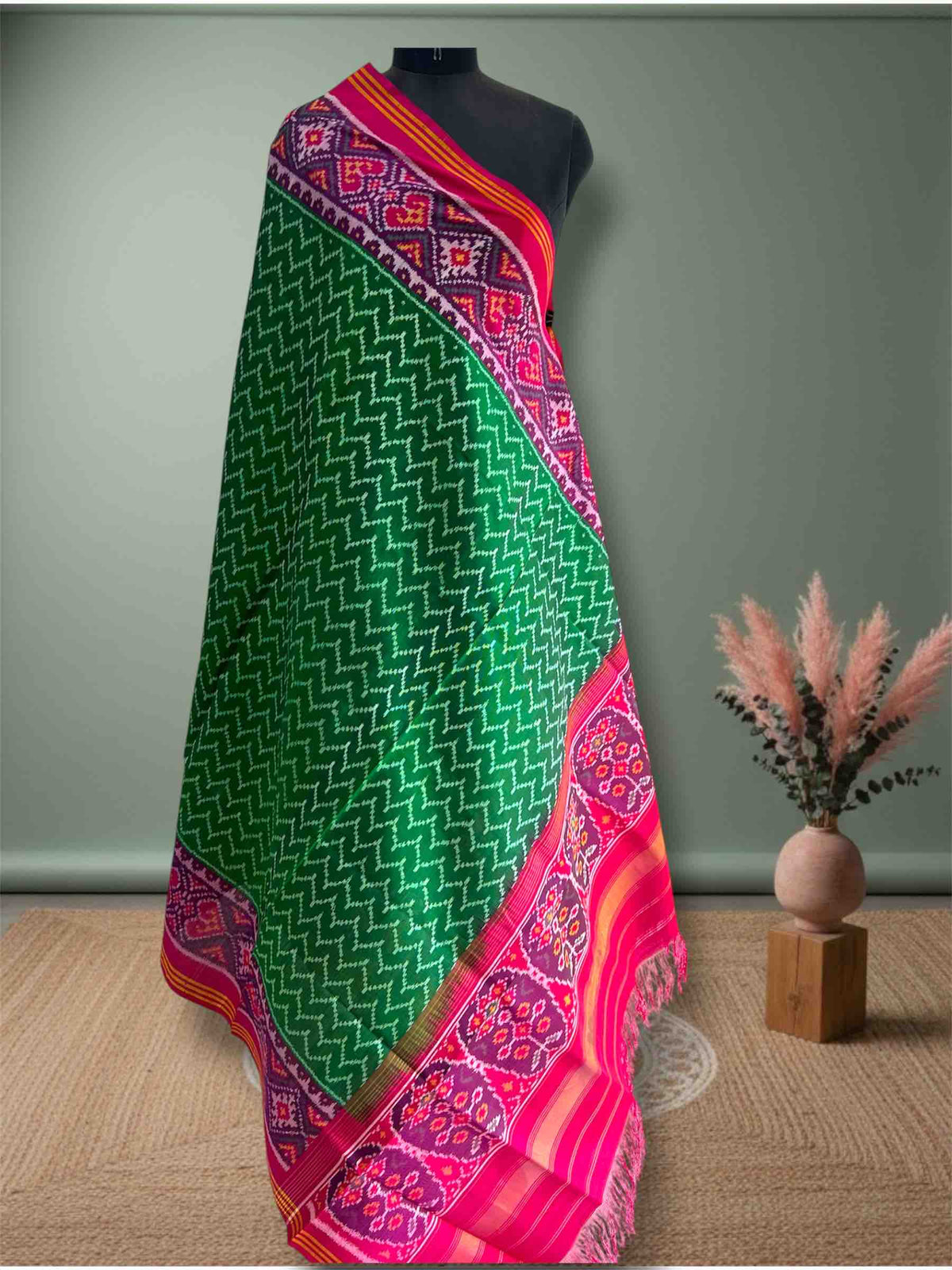Green With Pink Laheriya Design Hand Woven Rajkot ikat Patola Dupatta