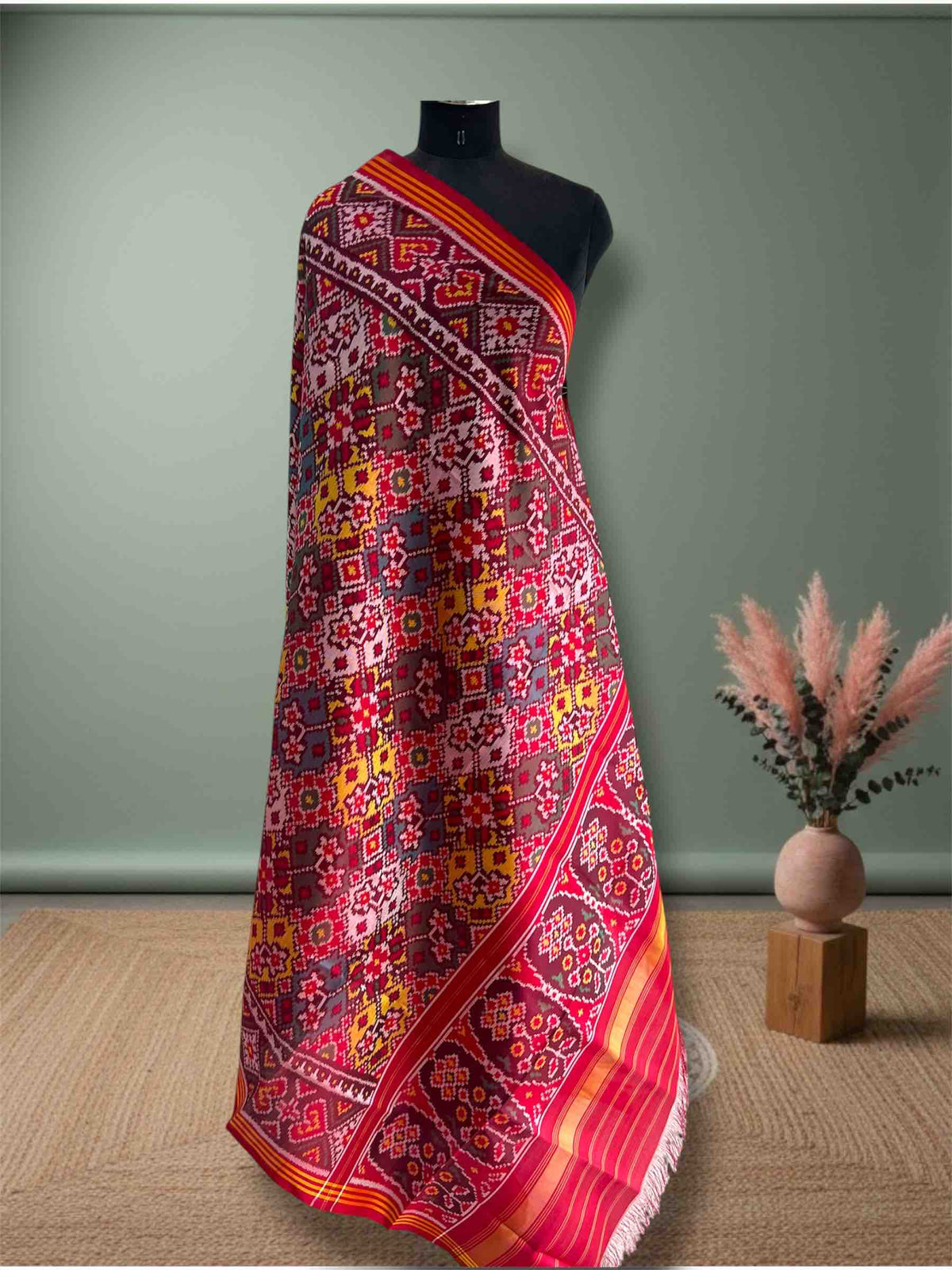 Multi With Red Navratan Design Hand Woven Rajkot ikat Patola Dupatta