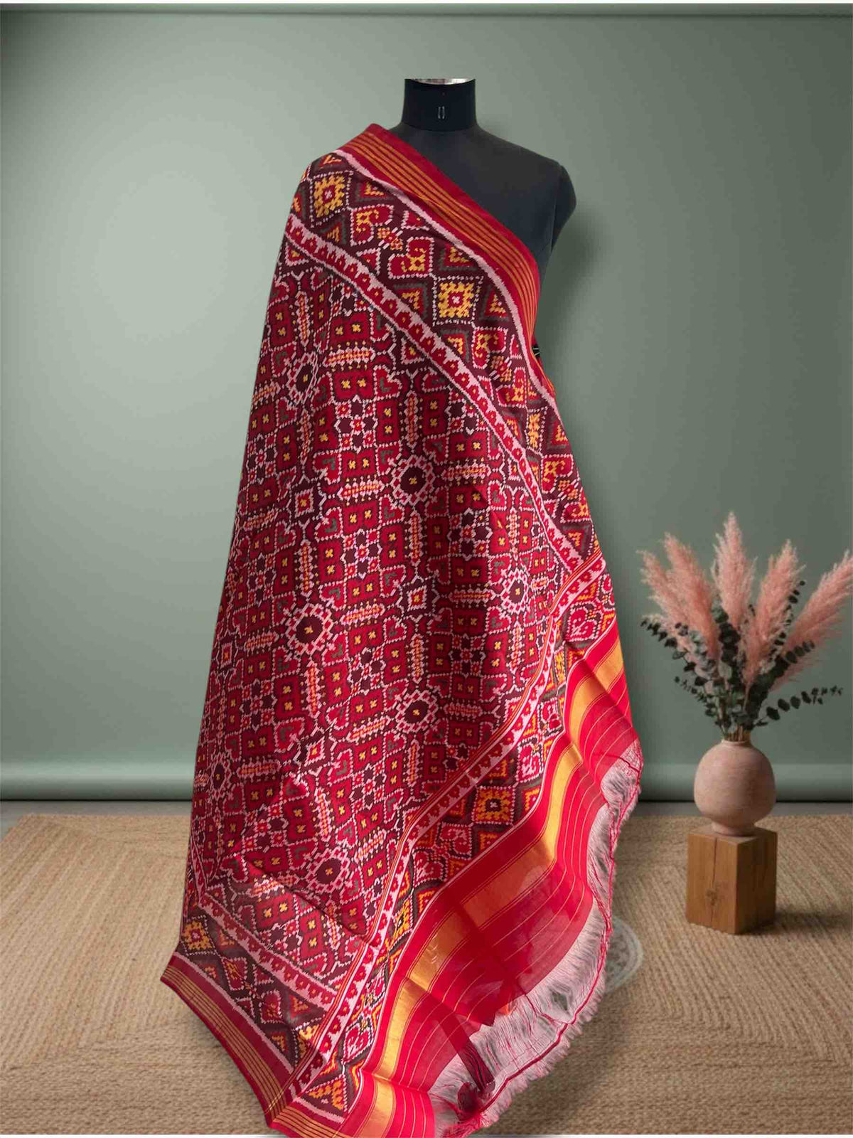 Full Red Manekchok Design Hand Woven Rajkot ikat Patola Dupatta