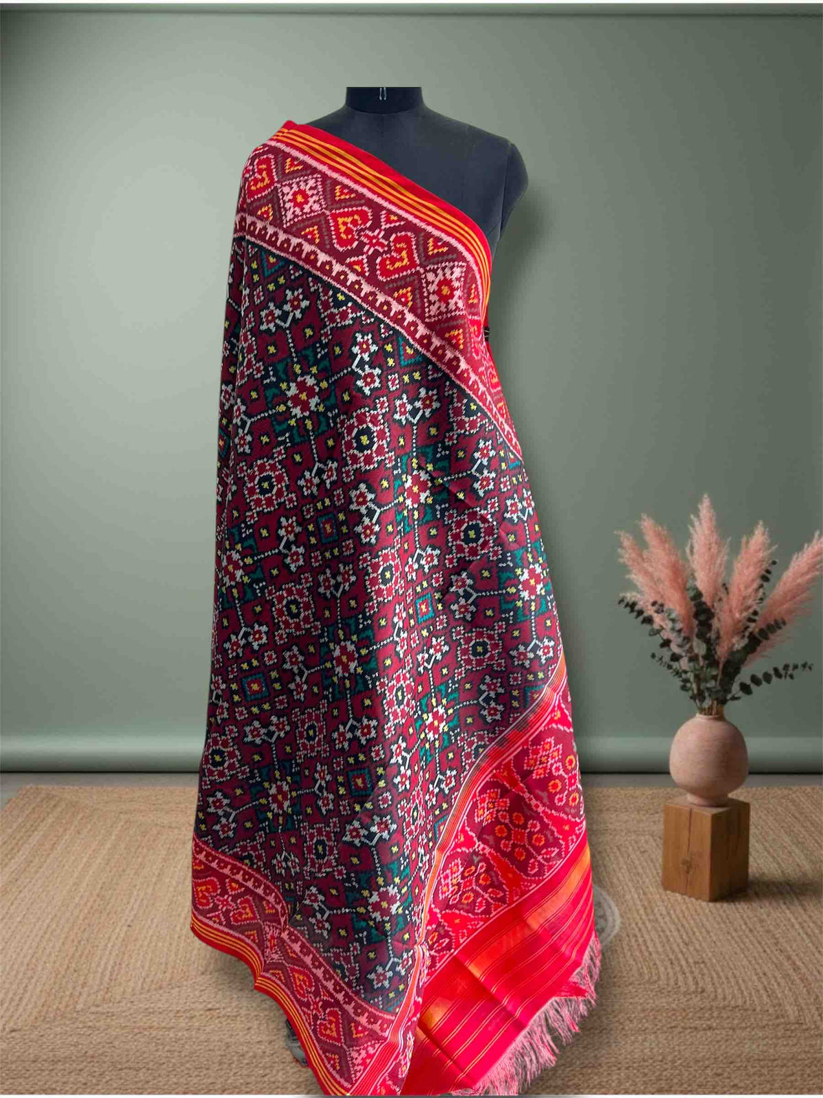 Maroon Red Navratan Design Hand Woven Rajkot ikat Patola Dupatta