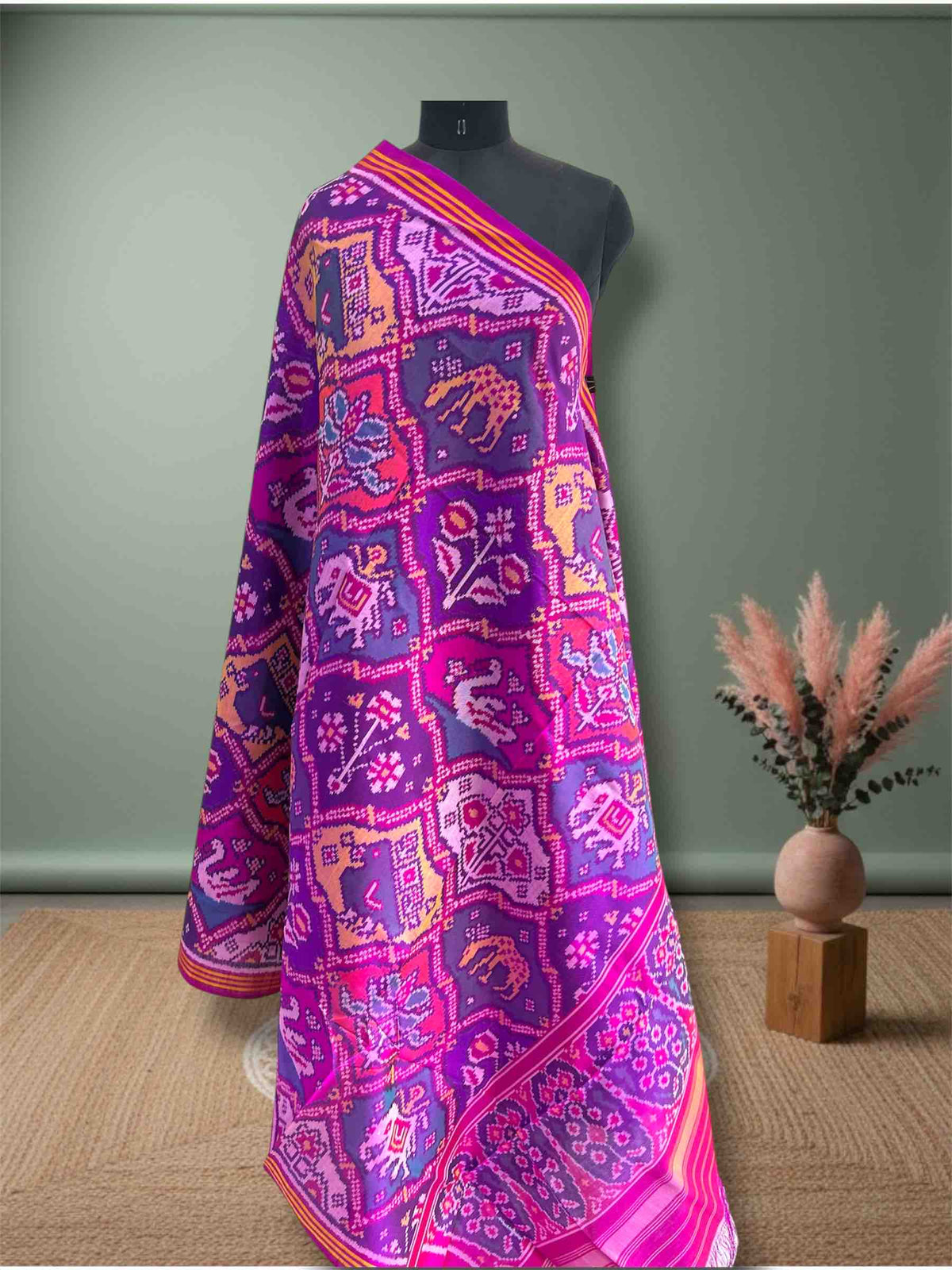 Multi With Pink Purple Big Motifs Hand Woven Rajkot ikat Patola Dupatta