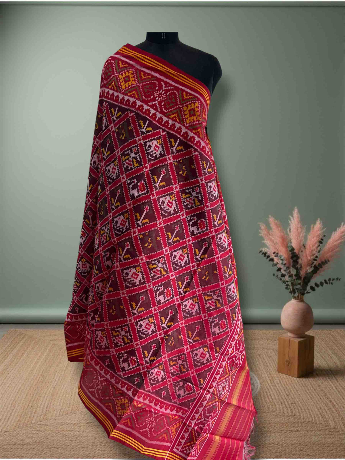 Coffee With Red Narikunj Design Hand Woven Rajkot ikat Patola Dupatta
