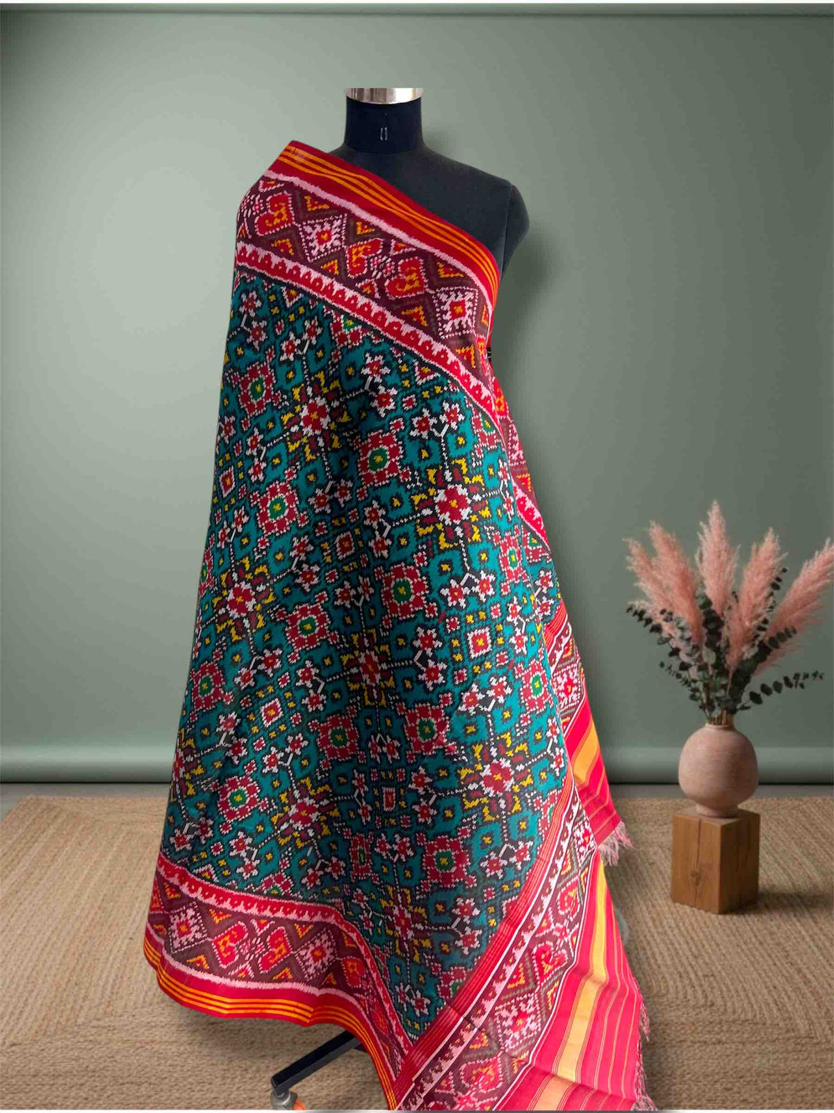 Sea Green With Red Navratan Design Hand Woven Rajkot ikat Patola Dupatta