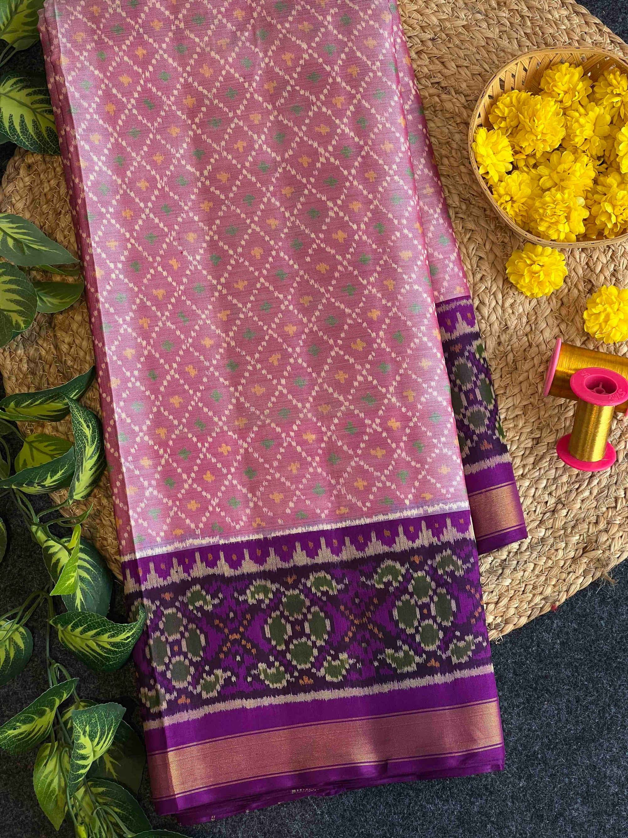 Baby Pink With Purple Hand Woven Rajkot Patola Silk Saree
