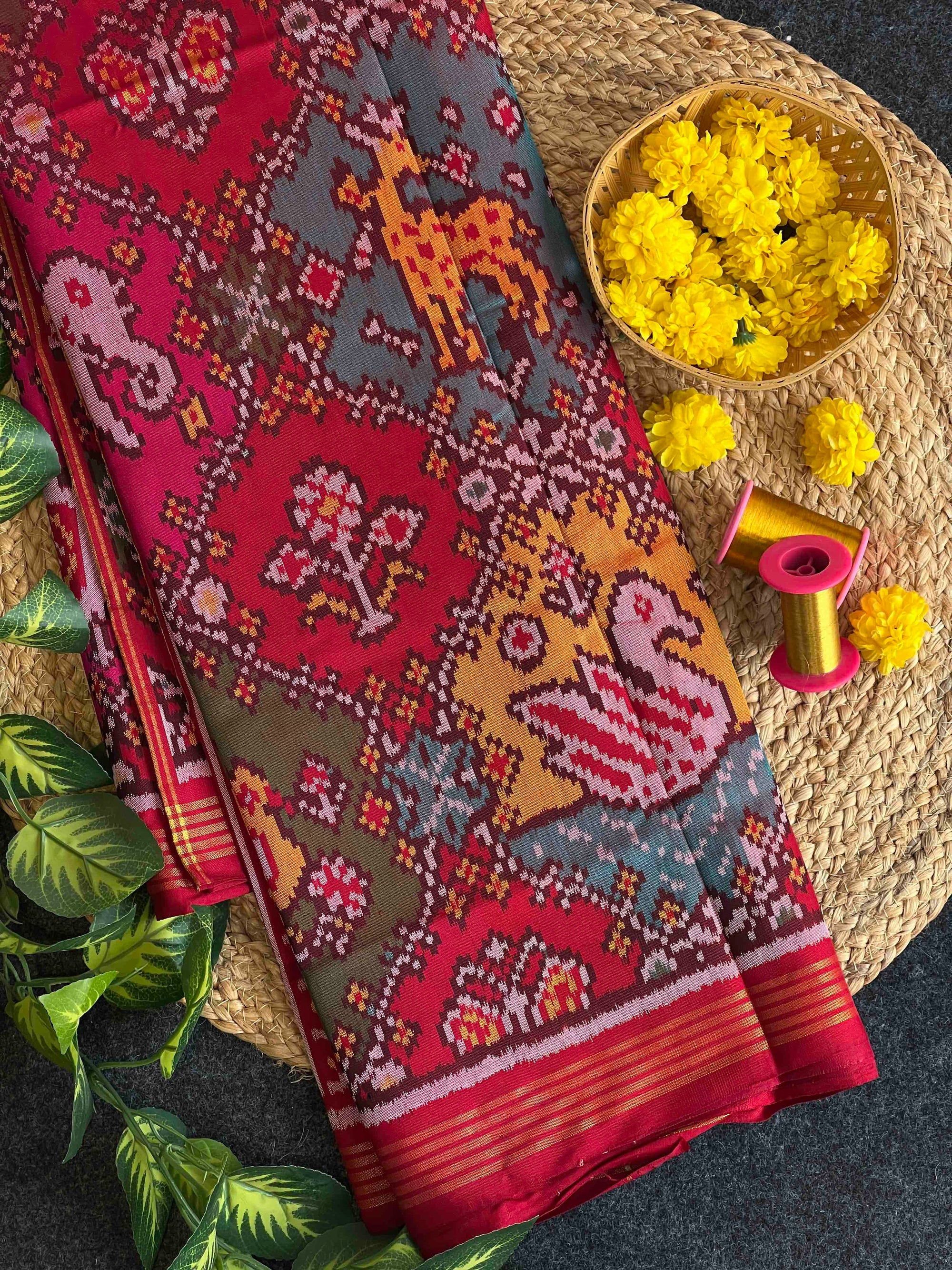 Multi Color Big Motif Hand Woven Rajkot Ikat Patola Silk Saree