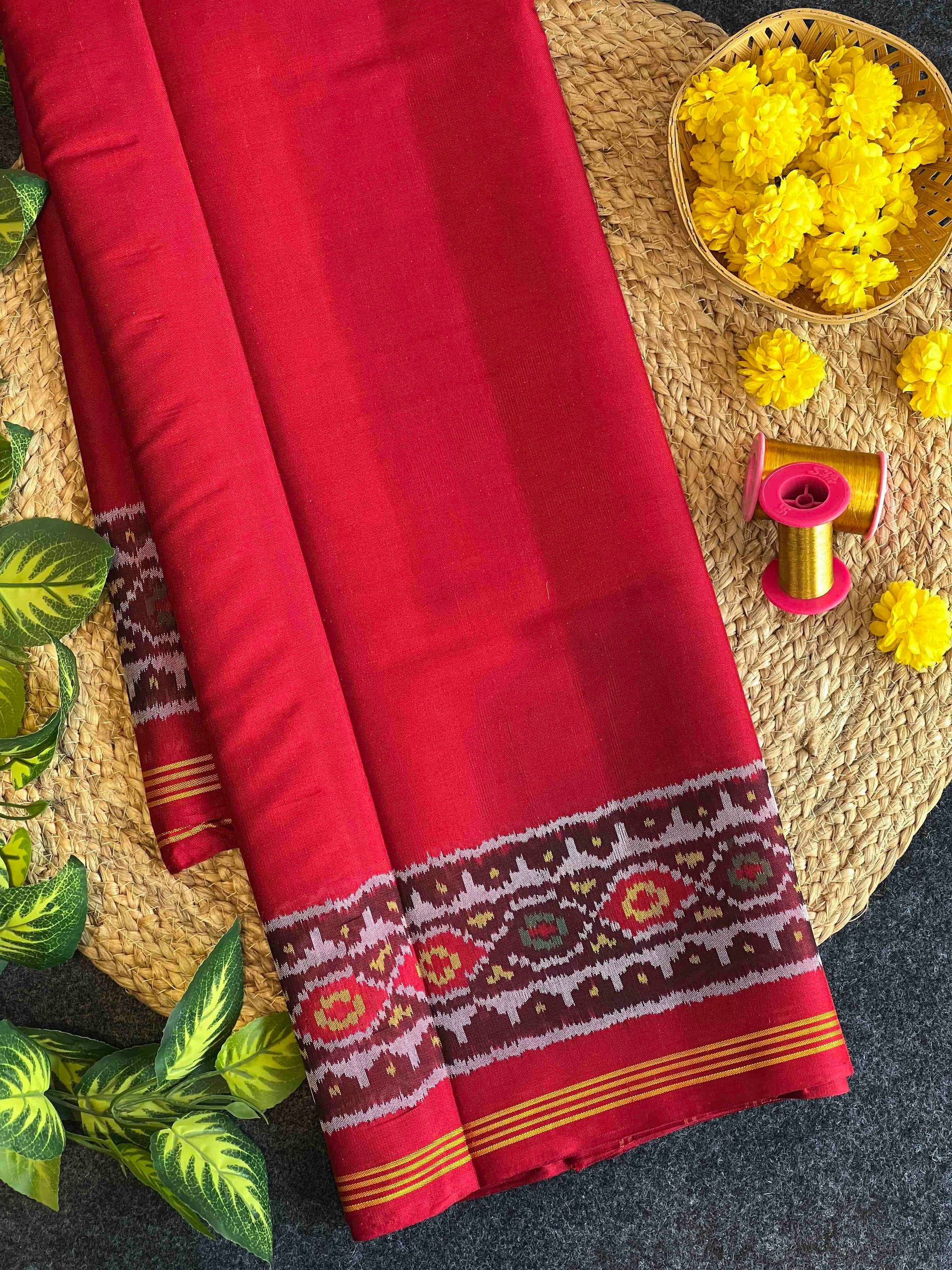 Red Plain With Maroon Patola Border Hand Woven Rajkot Ikat Patola Silk Saree
