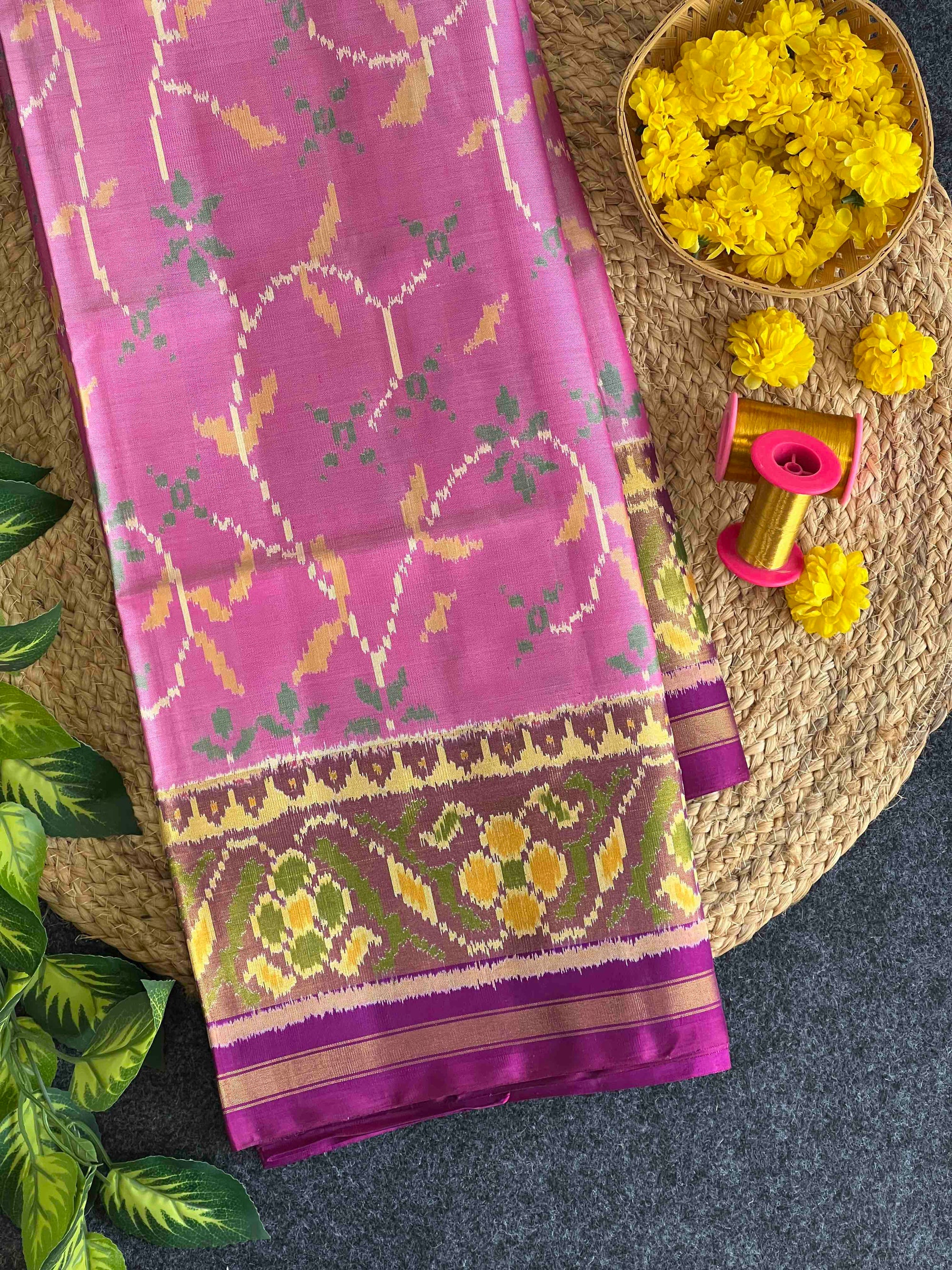 Baby Pink With Magenta Hand Woven Rajkot Patola Silk Saree