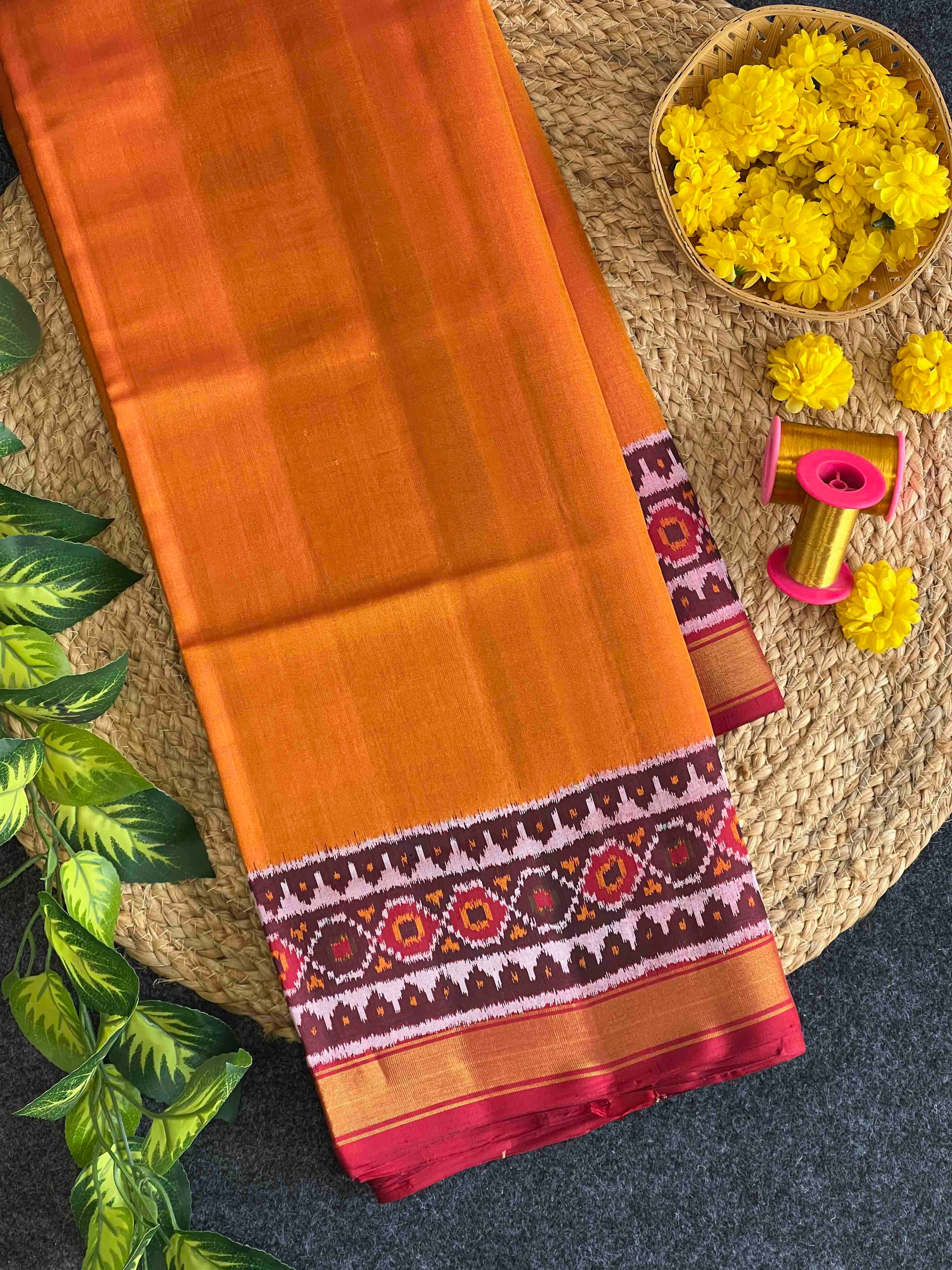 Plain Yellow With Maroon Hand Woven Rajkot Patola Silk Saree
