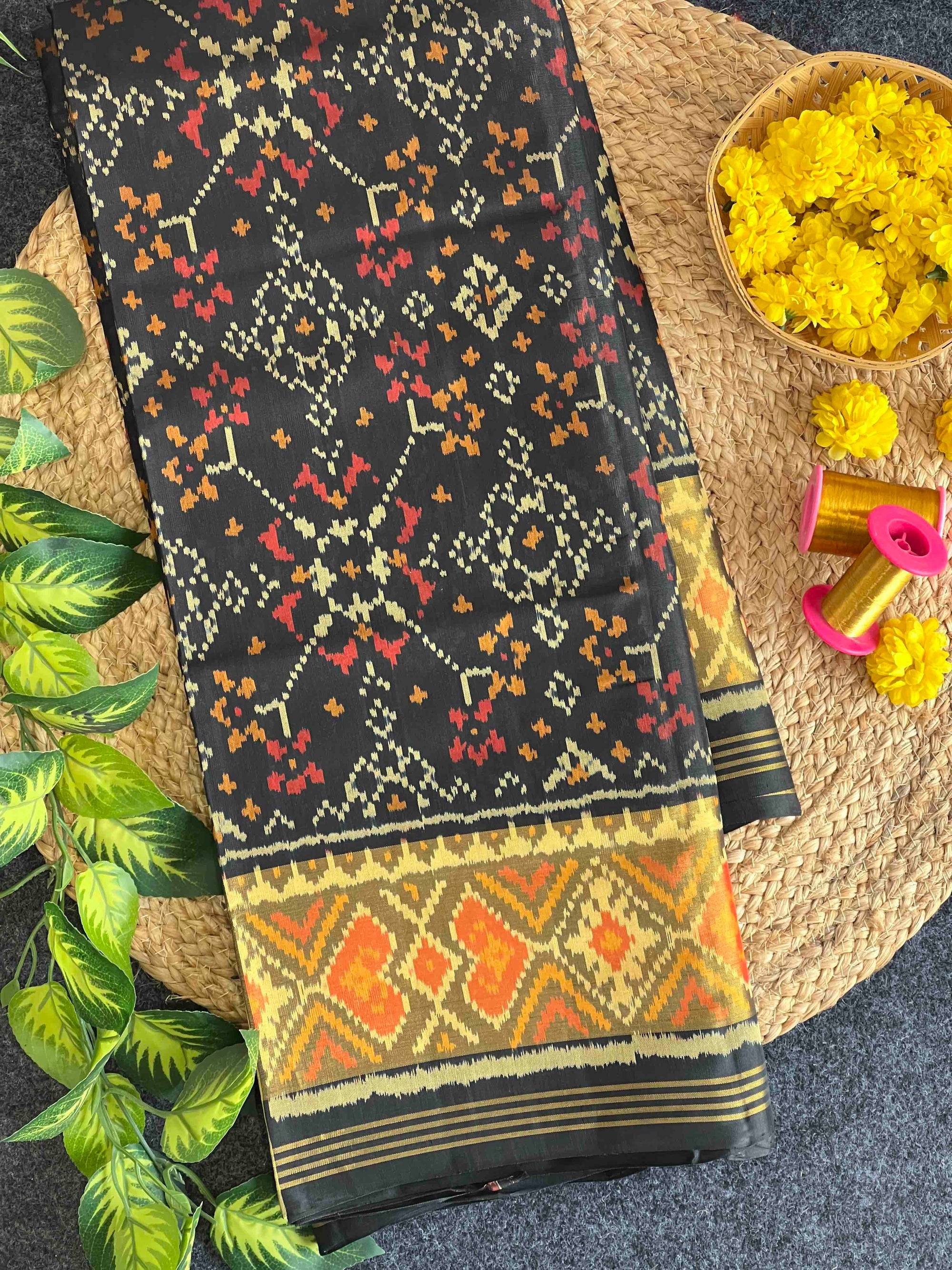 Full Black Navratan Design Hand Woven Rajkot Patola Silk Saree