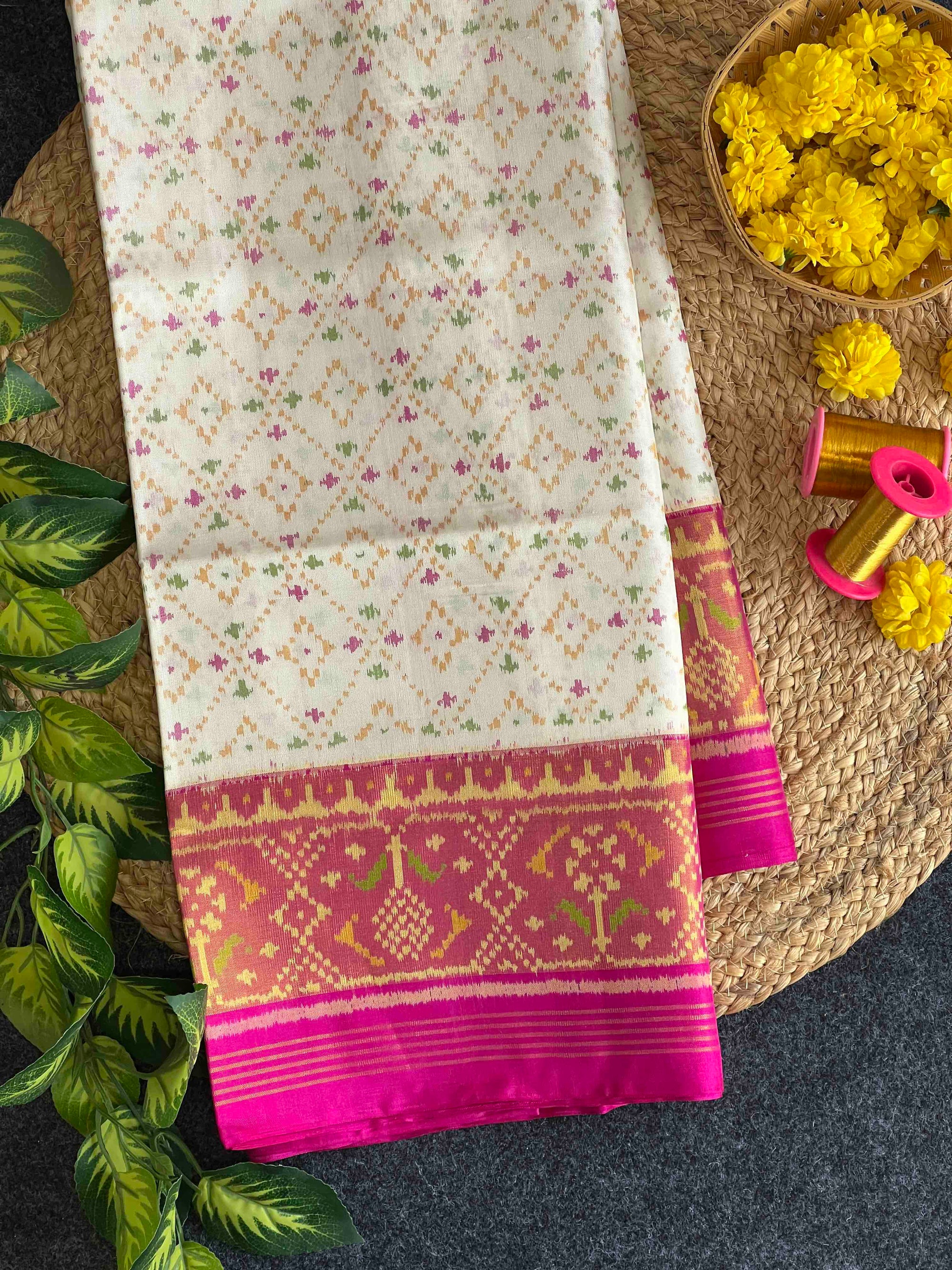 White With Pink Hand Woven Rajkot Patola Silk Saree