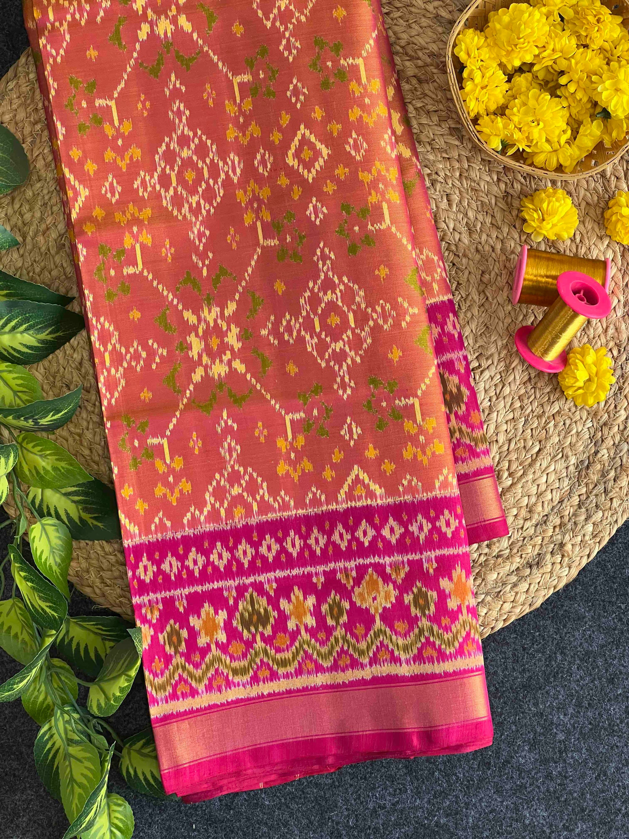 Musturd With Pink Hand Woven Rajkot Patola Silk Saree