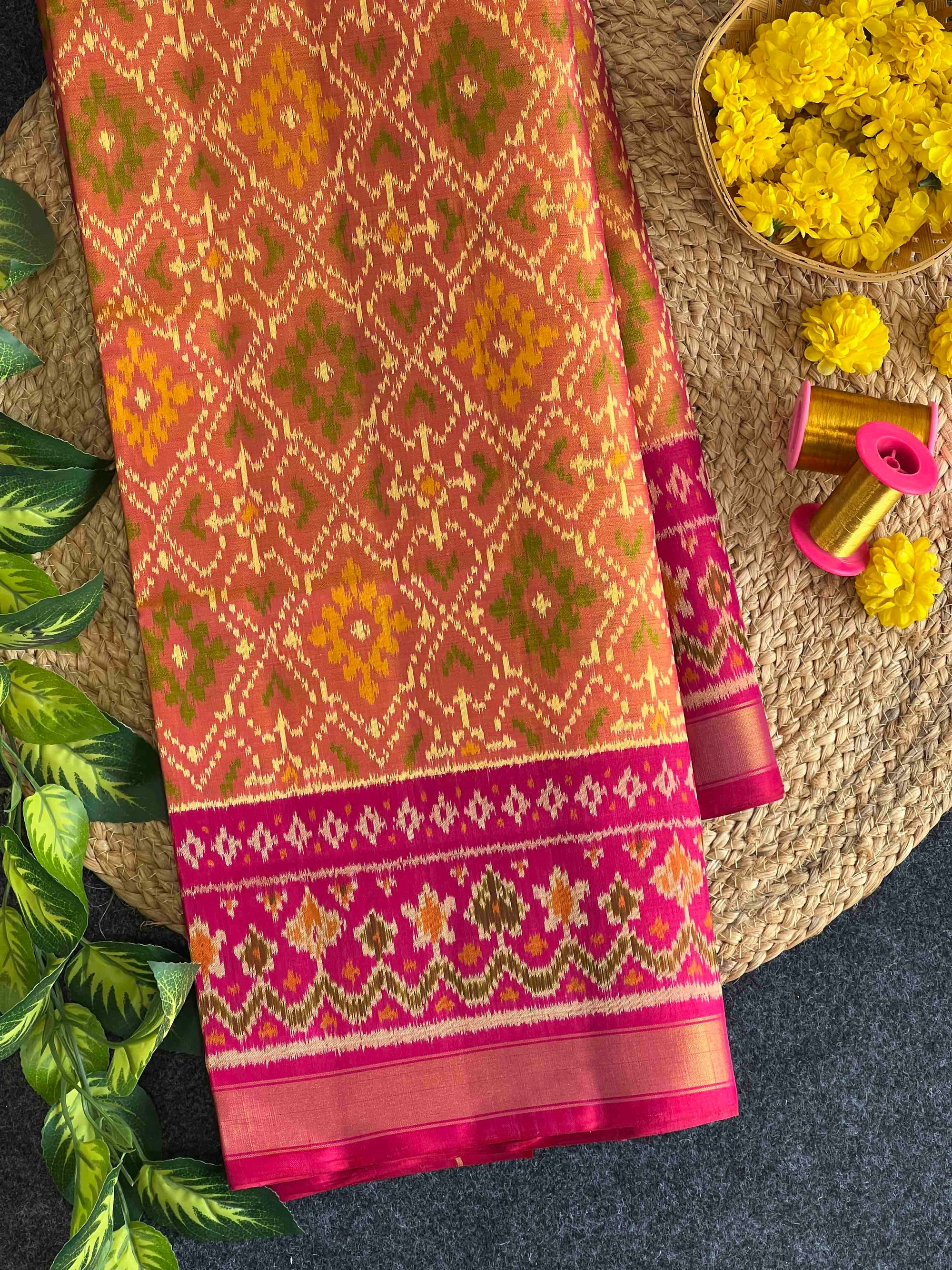 Yellow With Pink Hand Woven Rajkot Patola Silk Saree