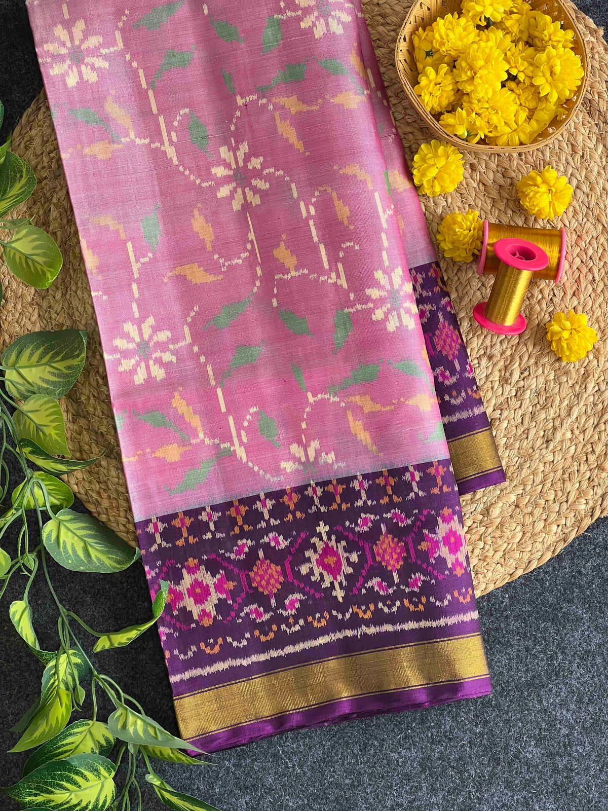 Baby Pink With Magenta Fancy Design Hand Woven Rajkot  Patola Silk Saree