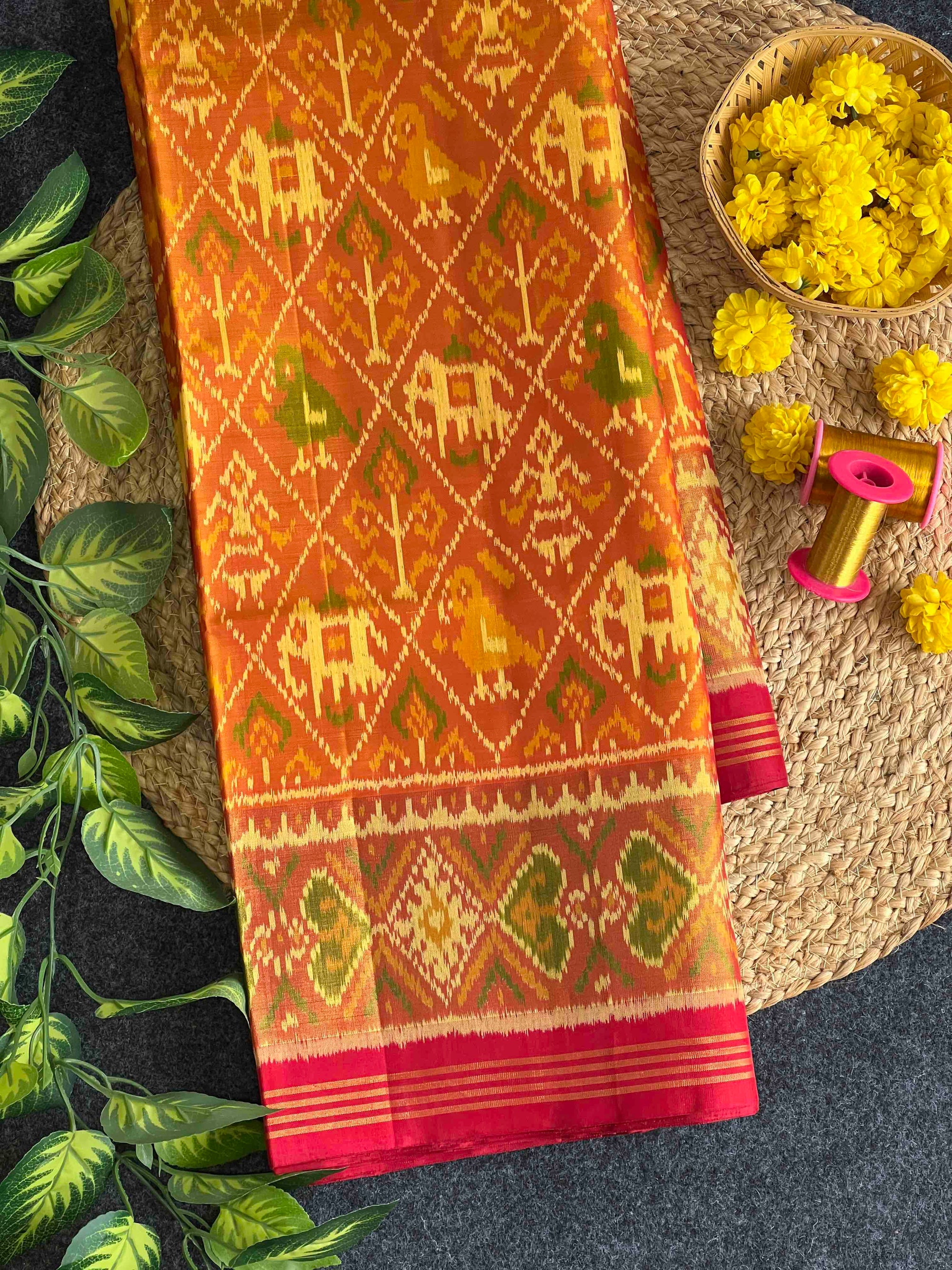 Yellow & Red Narikunj Design Hand Woven Rajkot Patola Silk Saree