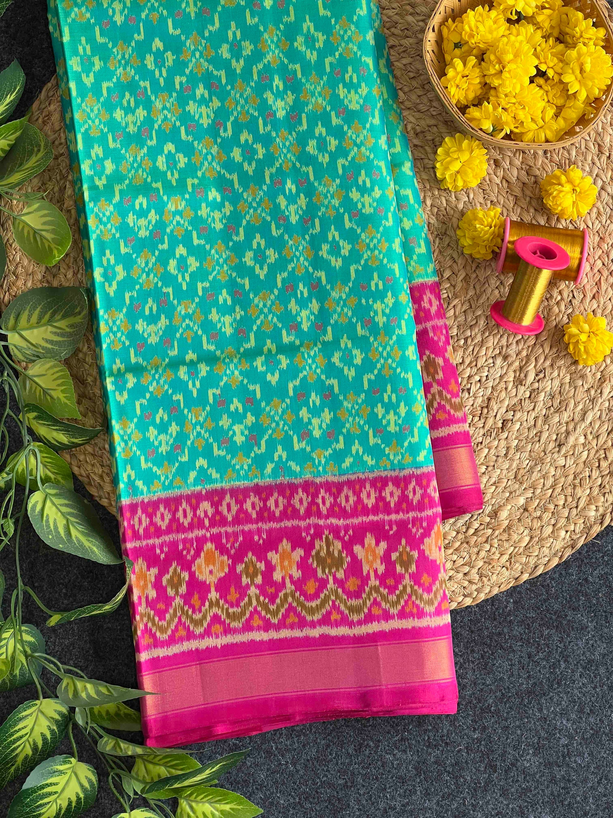 Sky Blue & Pink Buttonfull Design Hand Woven Rajkot Patola Silk Saree