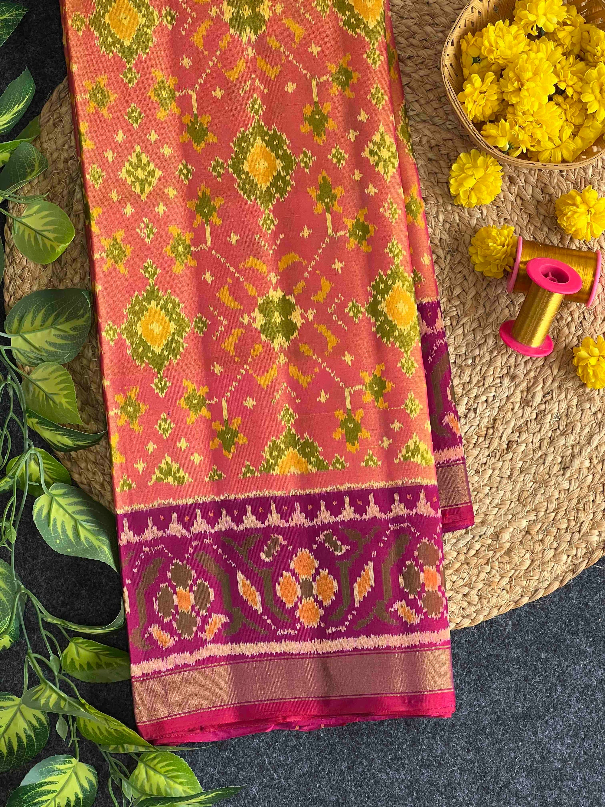 Piach With Purple Navratan Design Hand Woven Rajkot Patola Silk Saree