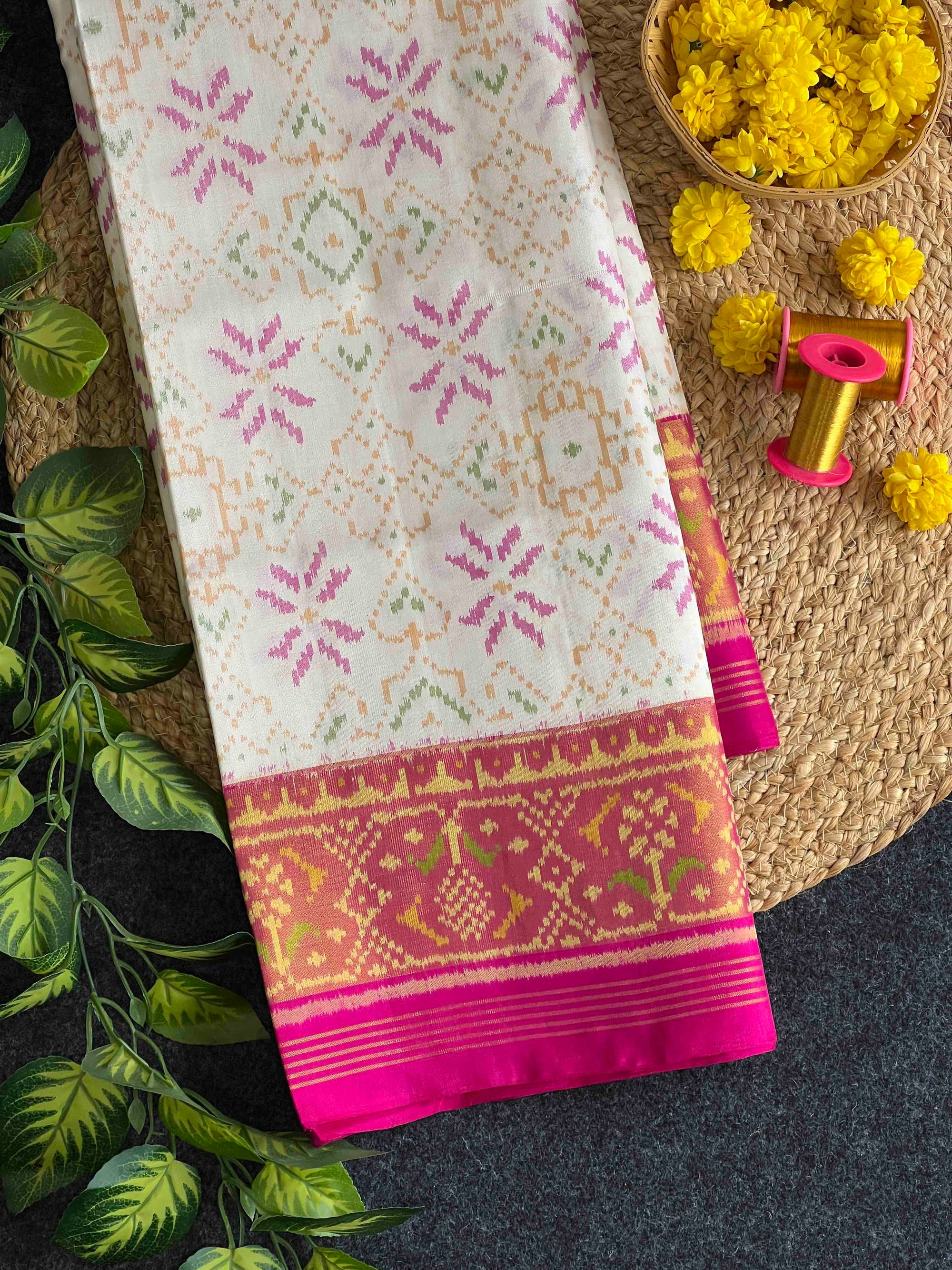 White With Pink Hand Woven Rajkot Patola Silk Saree