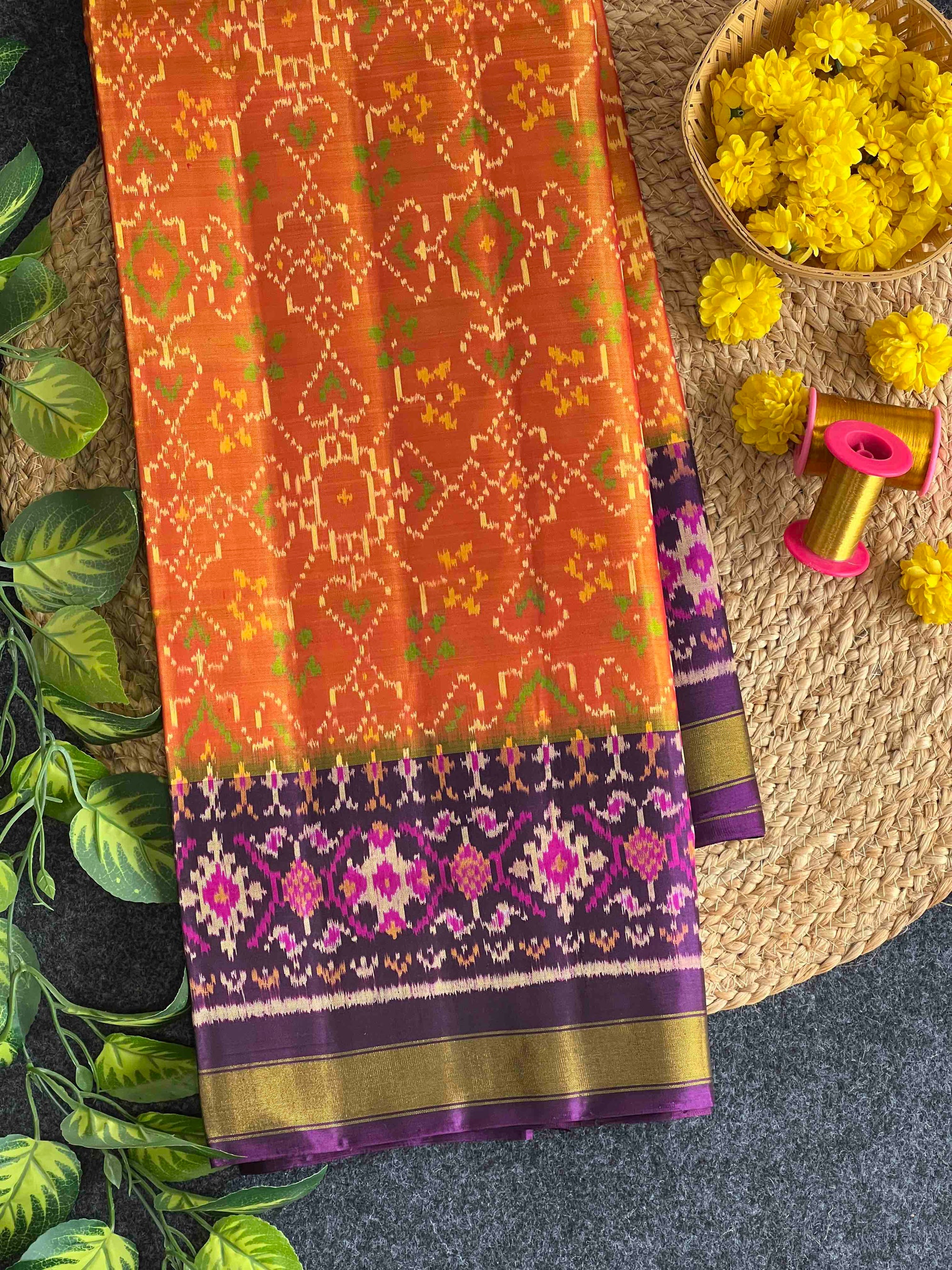Yellow With Magenta Navratan Design Hand Woven Rajkot Patola Silk Saree