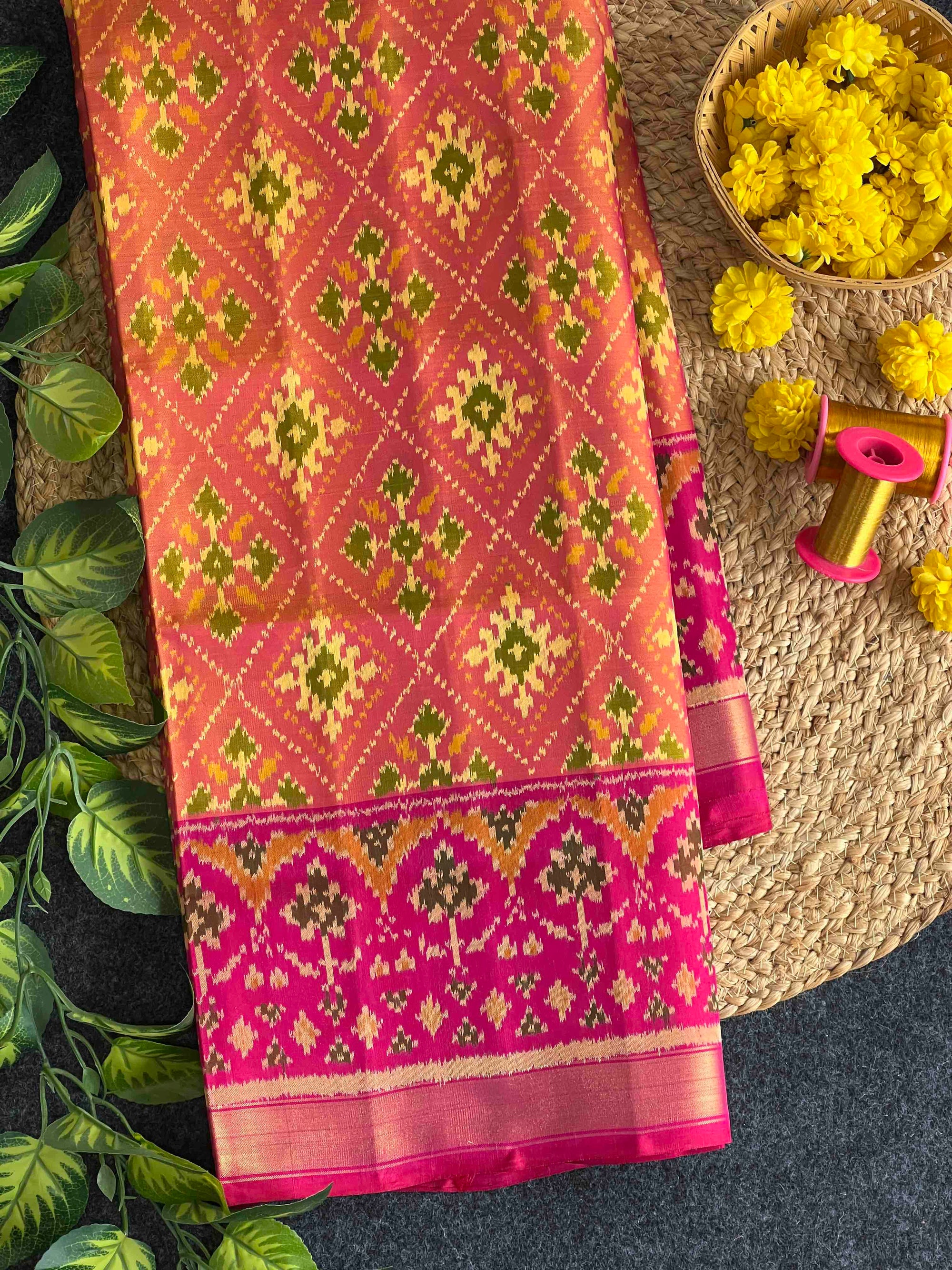 Pieach With Pink Paanchanda Design Hand Woven Rajkot Patola Silk Saree