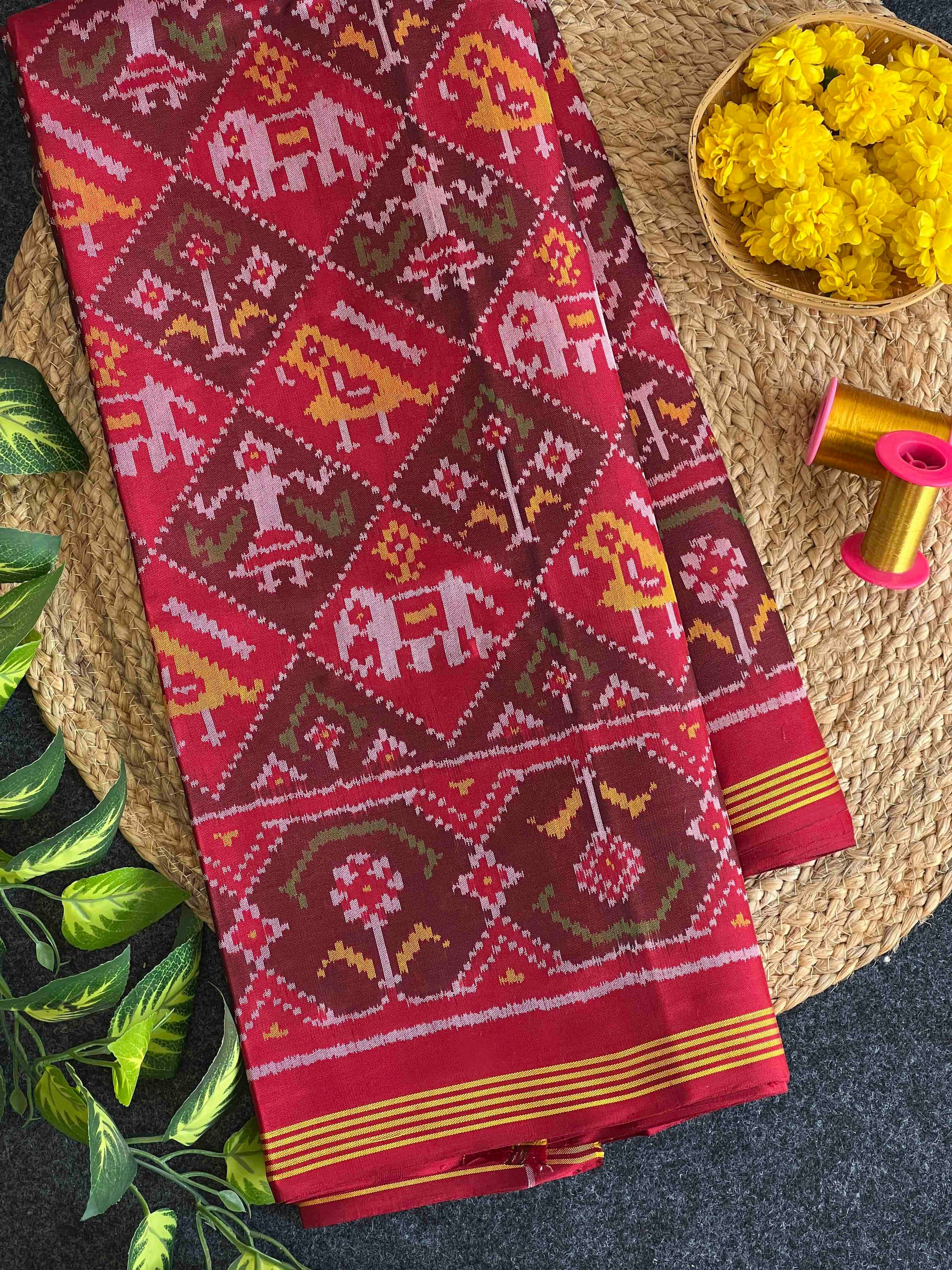 Red & Maroon Narikunj Design Rajkot Ikat Patola Silk Saree