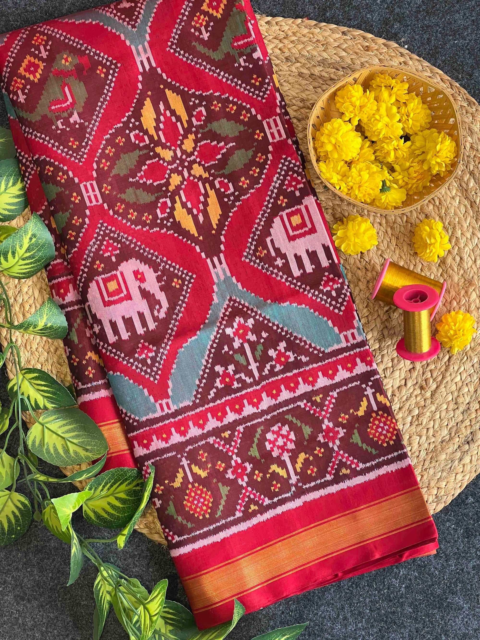Red And Maroon Big Motifs Design Hand Woven Rajkot  Patola Silk Saree