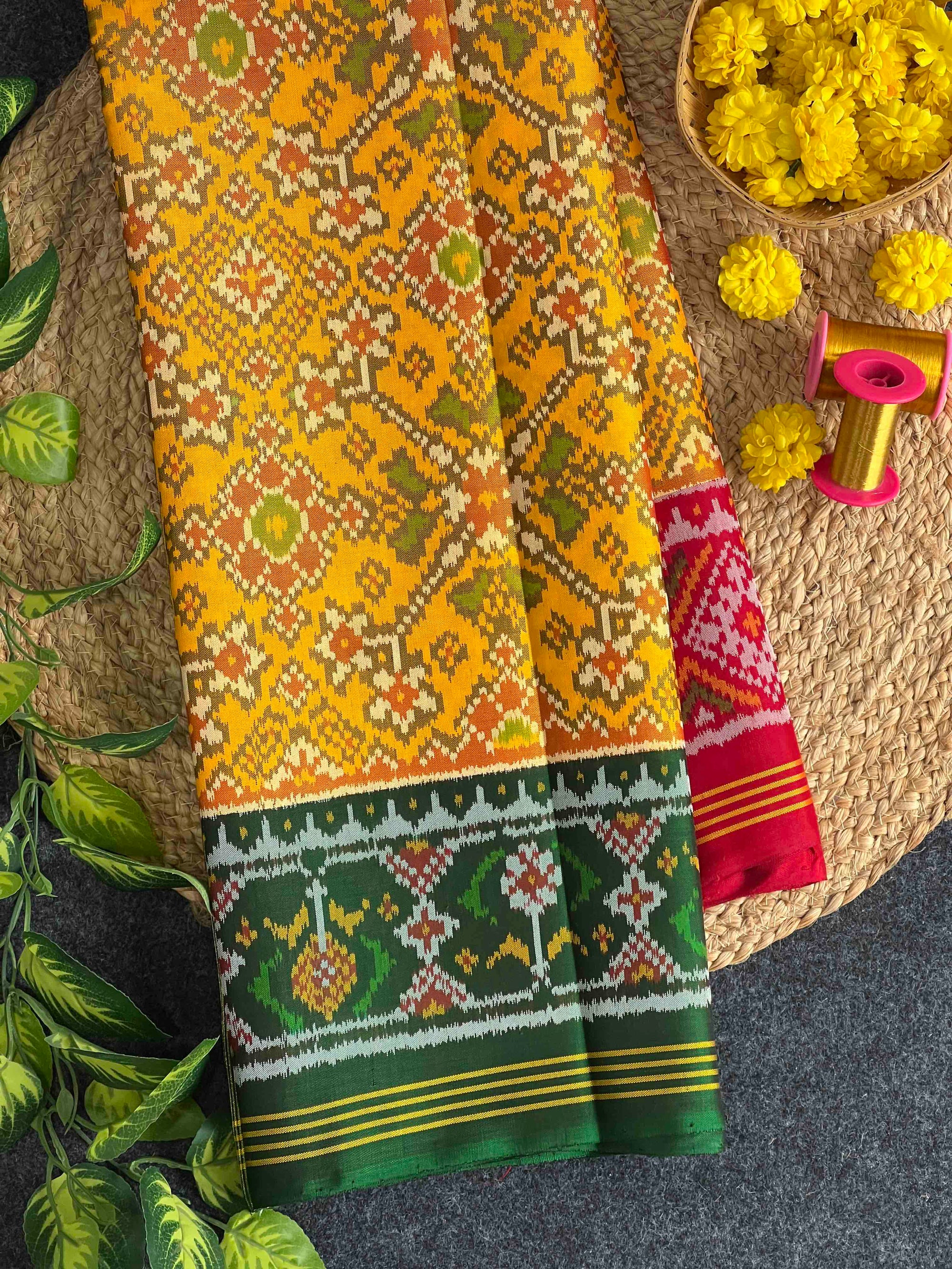 Yellow With Red & Green Hand Woven Rajkot Ikat Patola Silk Saree
