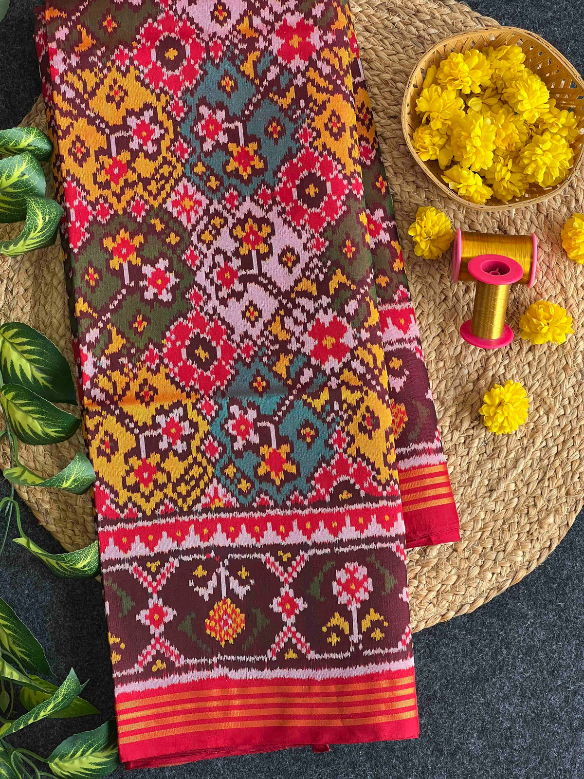 Multi Color Navratan Design Hand Woven Rajkot Ikat Patola Silk Saree
