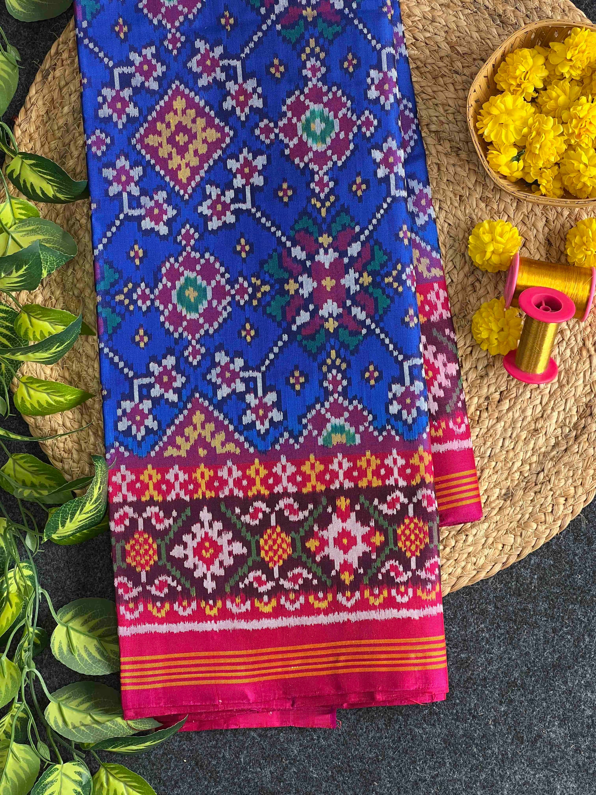 Blue & Pink Navratan Hand Woven Rajkot Ikat Patola Silk Saree