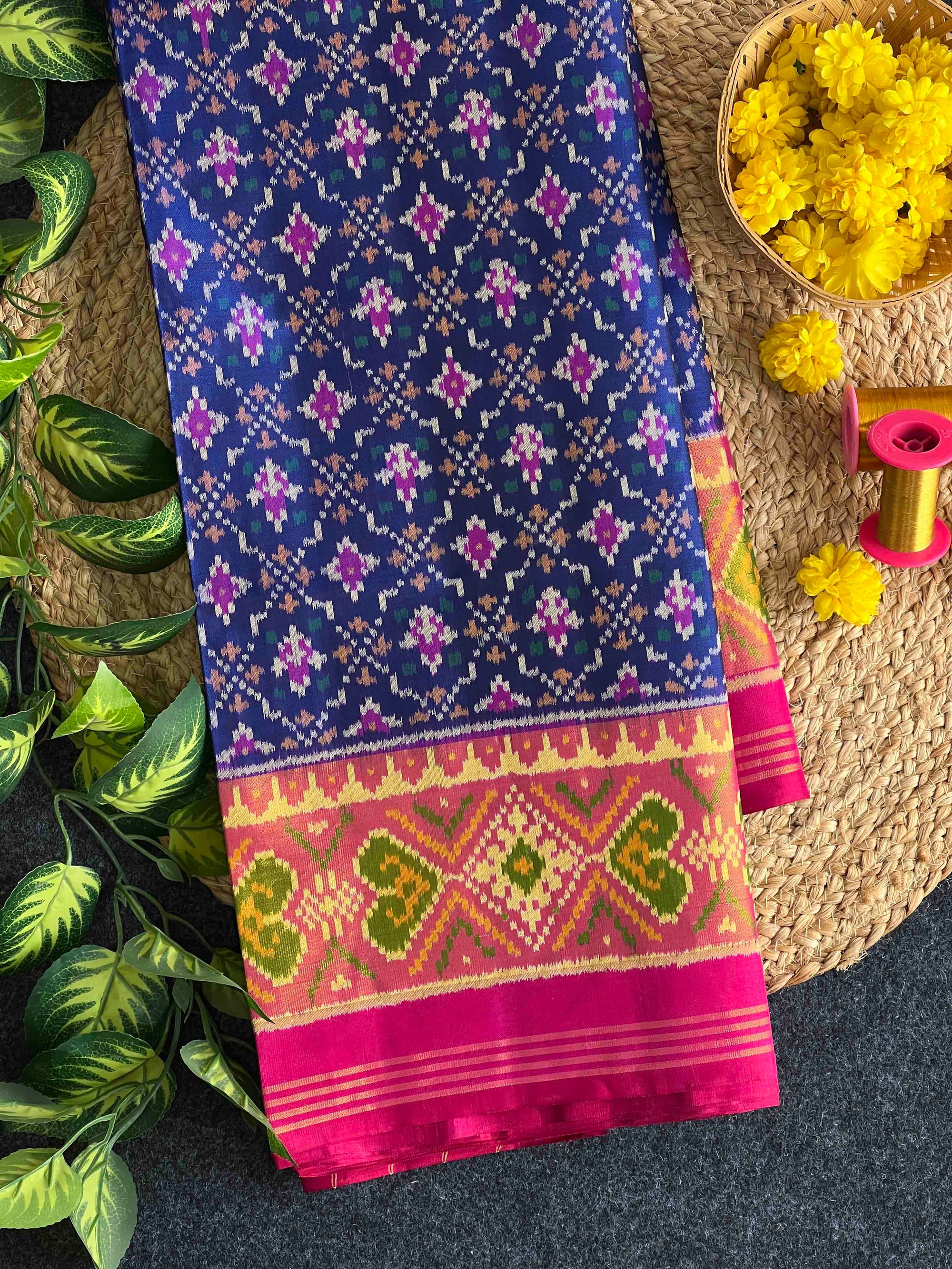 Blue & Pink ButtonFull Hand Woven Rajkot Patola Silk Saree