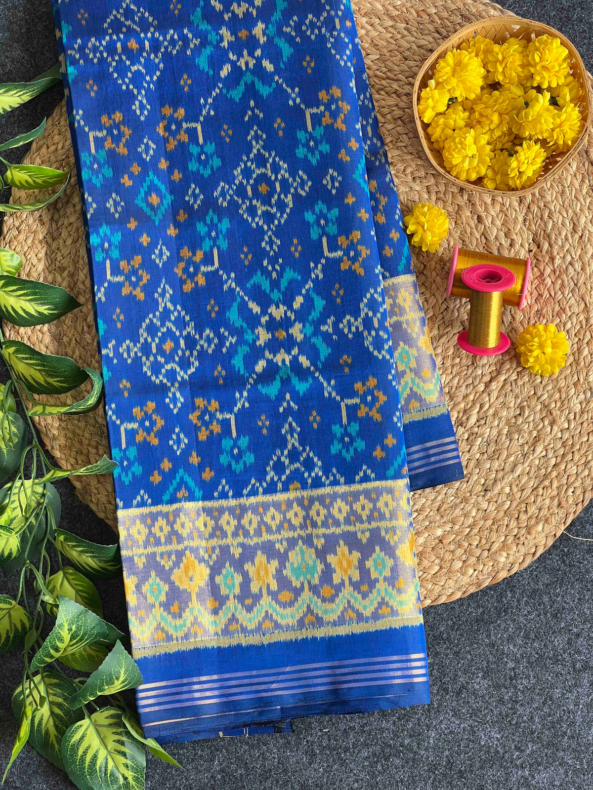 Full Blue Navratan Design Hand Woven Rajkot Patola Silk Saree