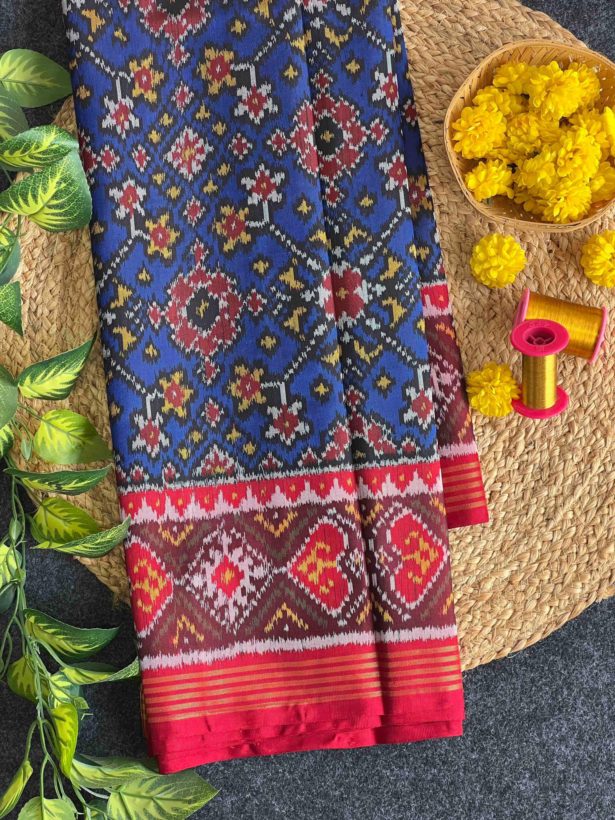 Blue & Red Navratan Design Hand Woven Rajkot Ikat Patola Silk Saree