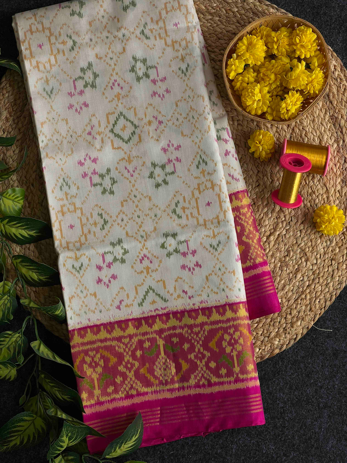 Pink And White Navratan Mix Design Hand Woven Rajkot Patola Silk Saree