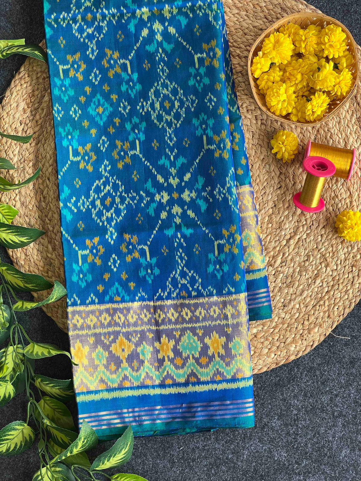 Full Sky Blue Navratan Design Hand Woven Rajkot Patola Silk Saree