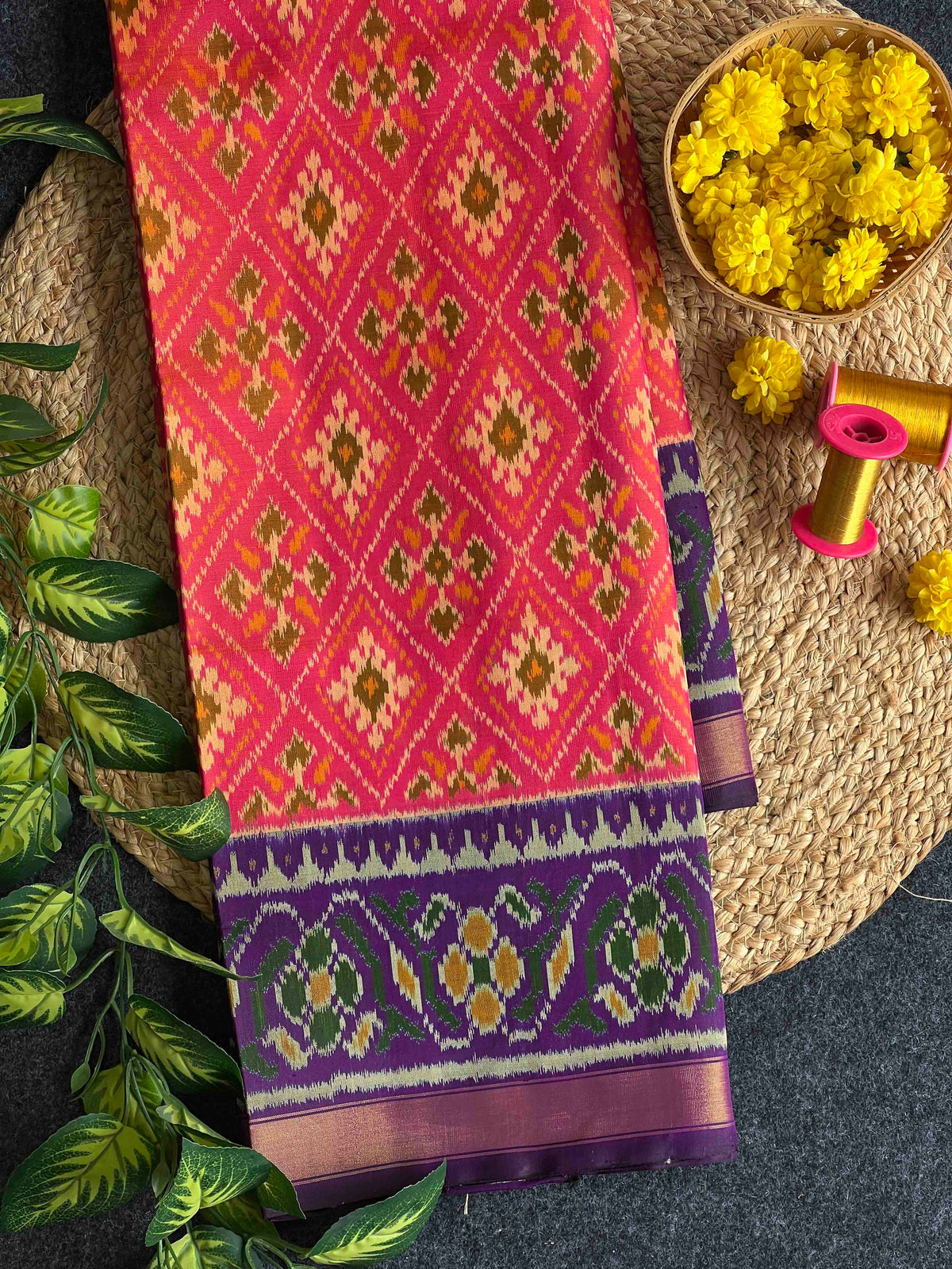 Peach With Purple Paanchanda Hand Woven Rajkot Patola Silk Saree